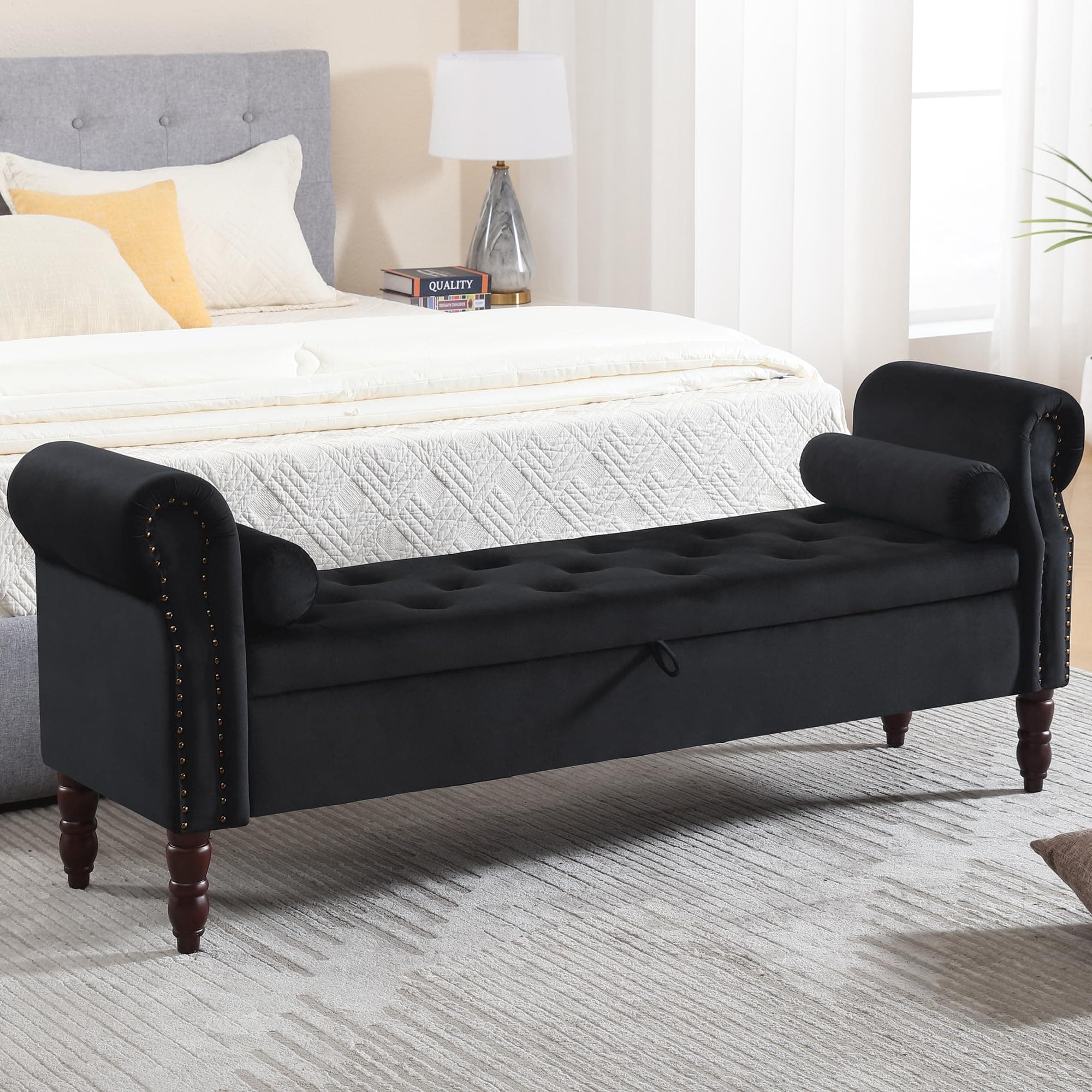 Black Velvet Tufted Storage Bench with Arms for Bed and Living Room