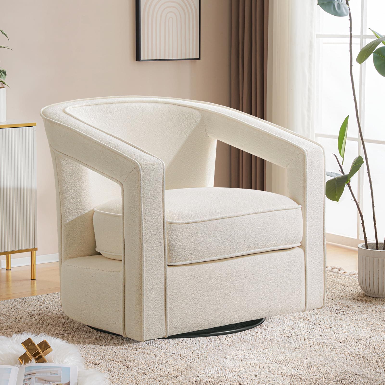 Furniliving Balcany White Chenille Swivel Accent Chair