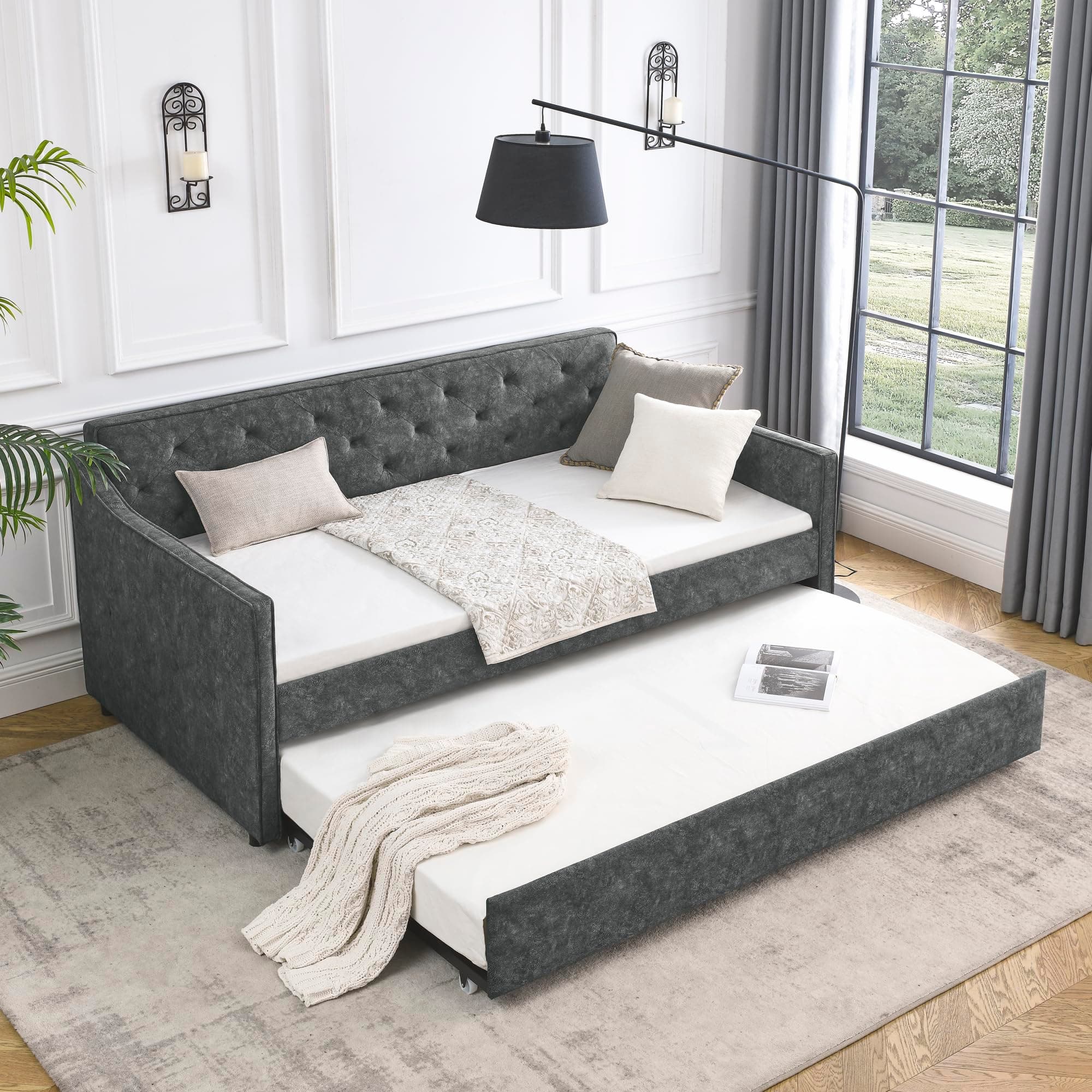 JEEOHEY Modern Tufted Velvet Daybed with Trundle, Twin Size, Grey