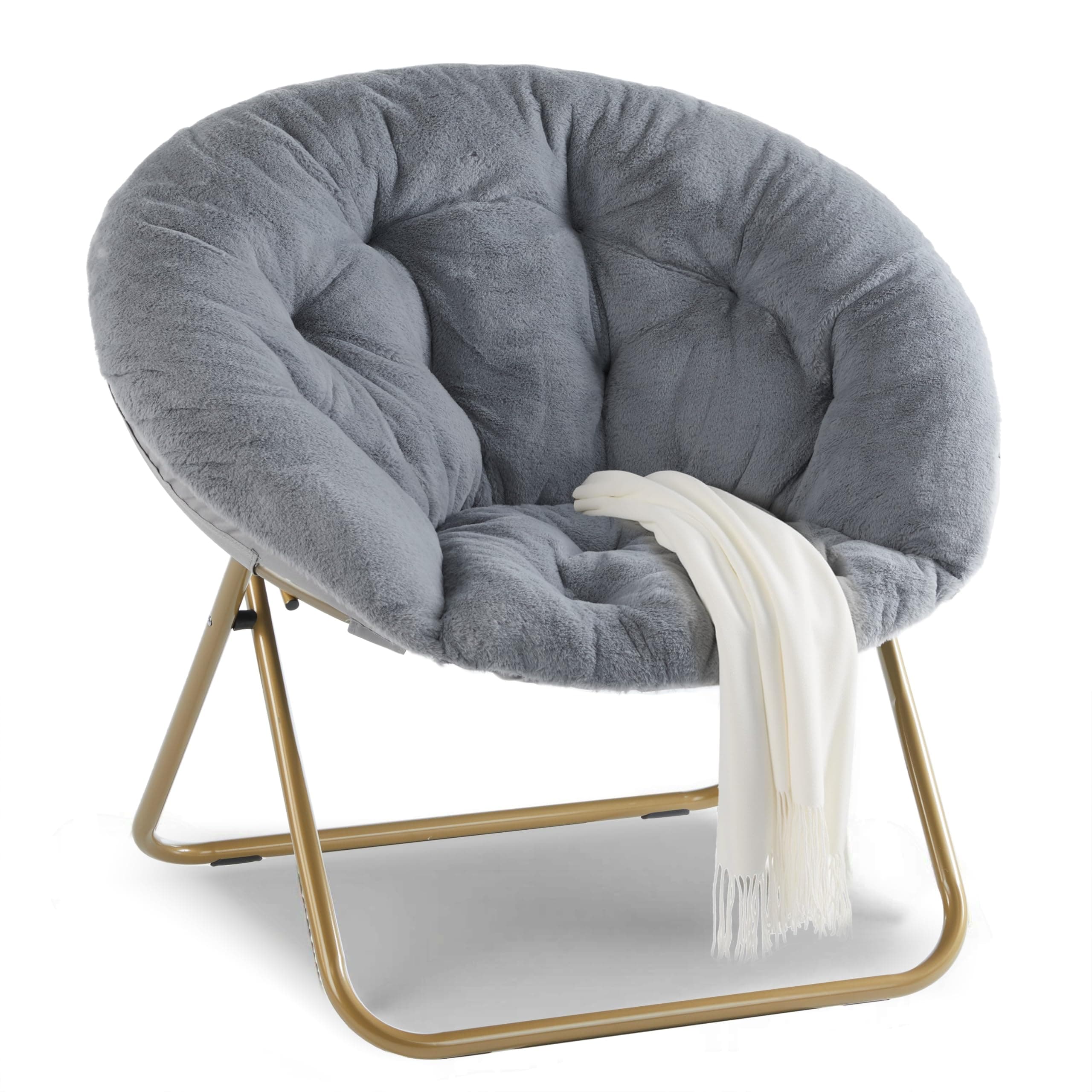 YSSOA Grey Foldable Saucer Chair, Comfortable Faux Fur for Adults & Teens