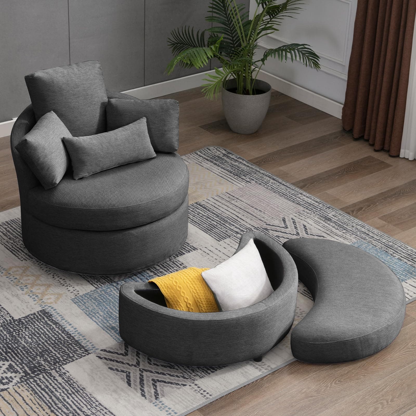 Puremind 360° Swivel Accent Chair with Storage Ottoman and Pillows - Dark Grey