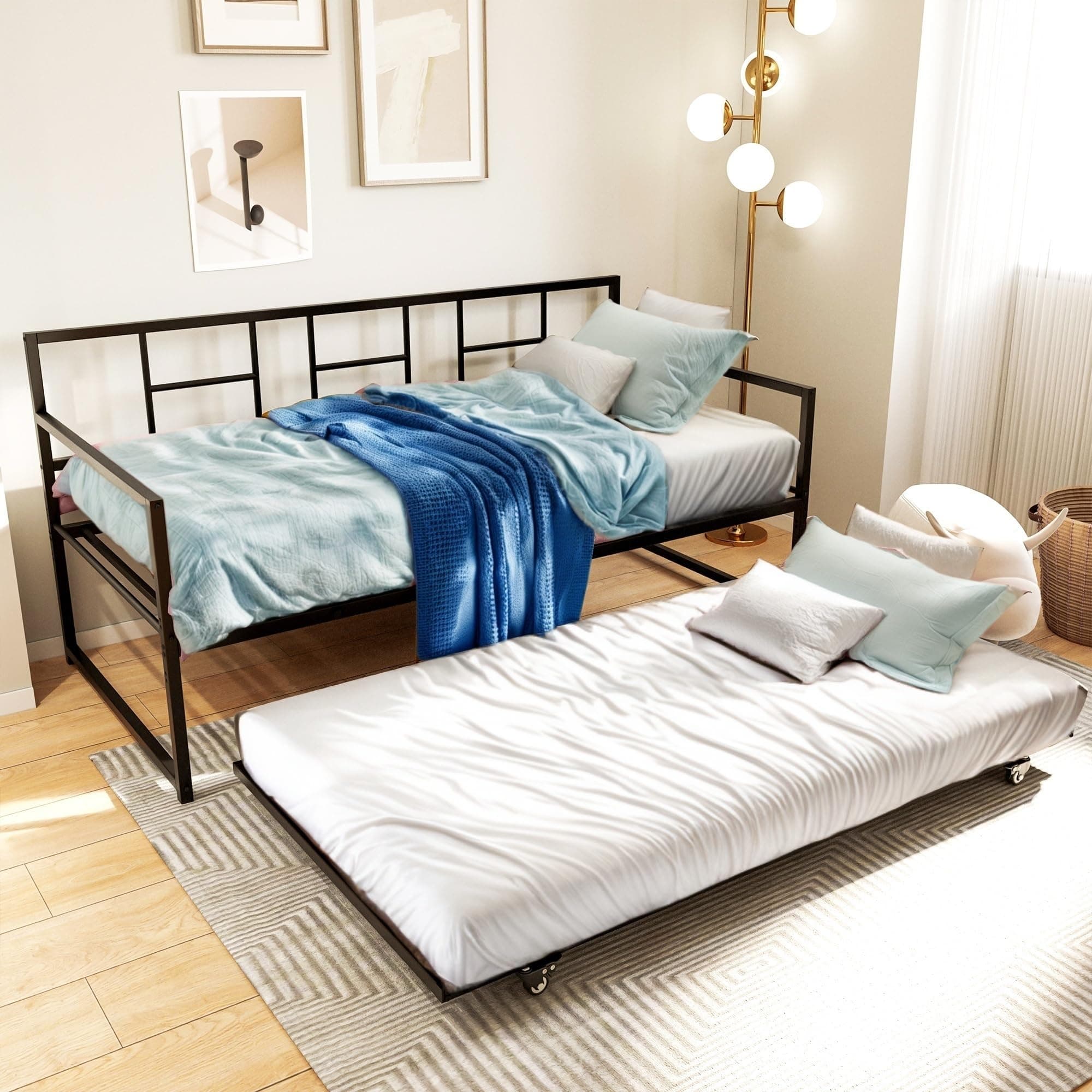 DWVO Black Twin Size Adjustable Height Daybed with Pull Out Trundle