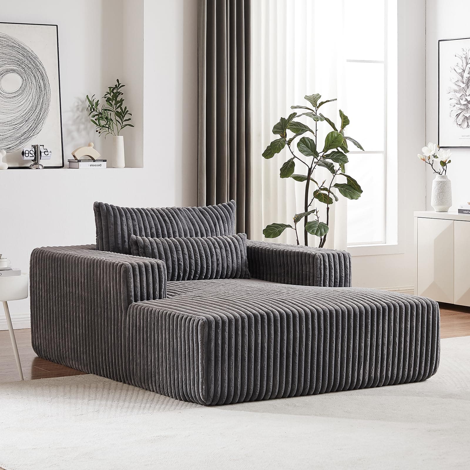 Oversized Grey Plush Corduroy Chaise Lounge Chair with Wide Armrests