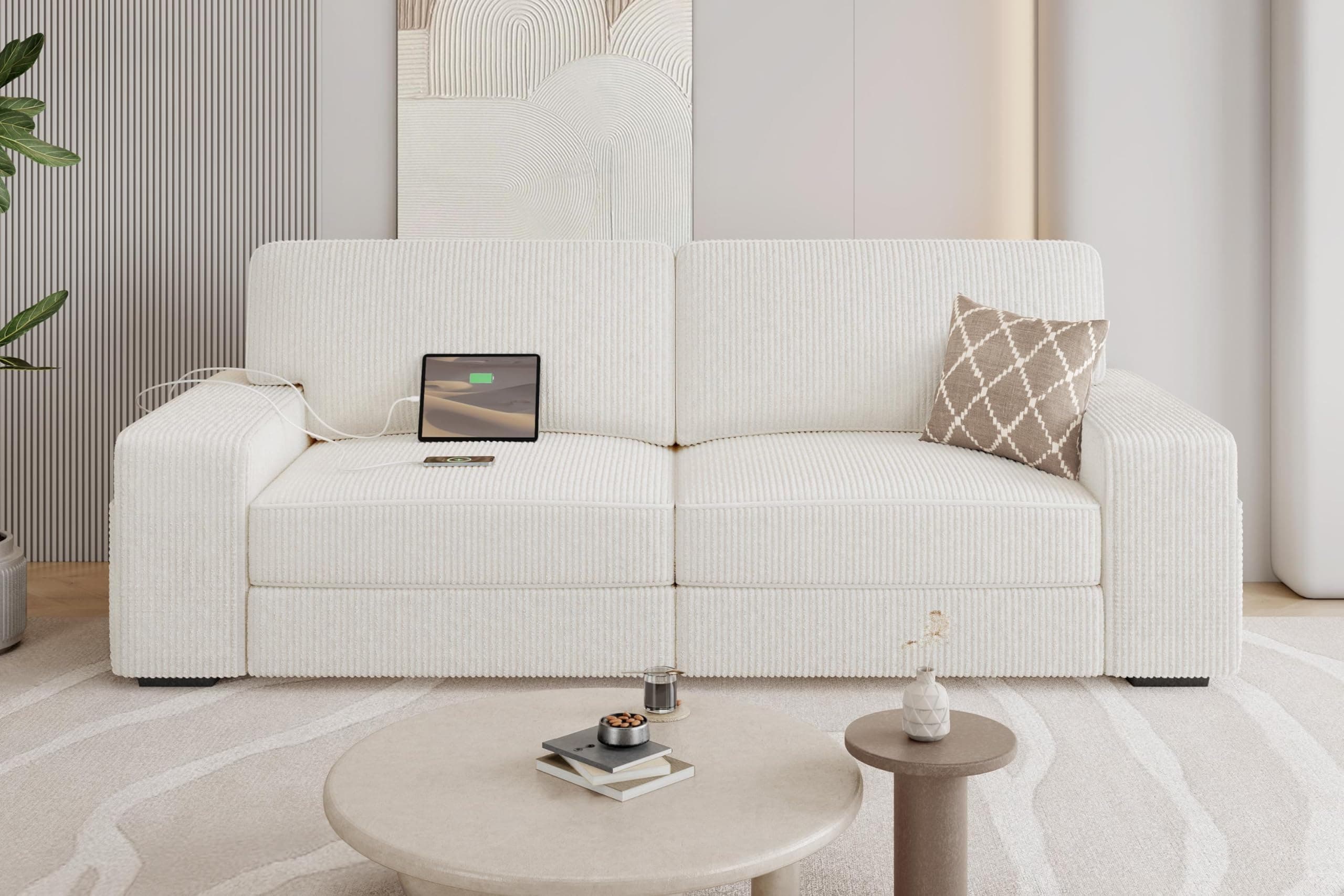 Yaheetech 83.5" Modern 2 Seater Corduroy Sofa with USB Ports & Storage Pockets