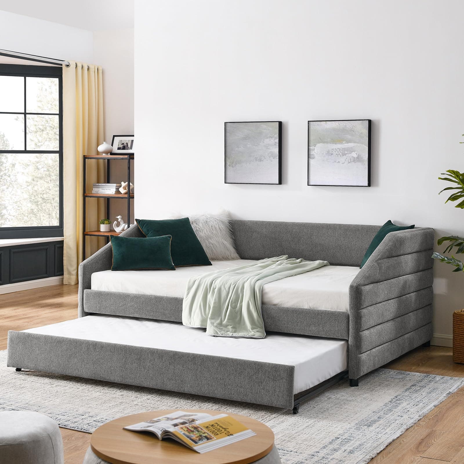 JEEOHEY Tufted Channel Gray Full Size Linen Daybed with Trundle