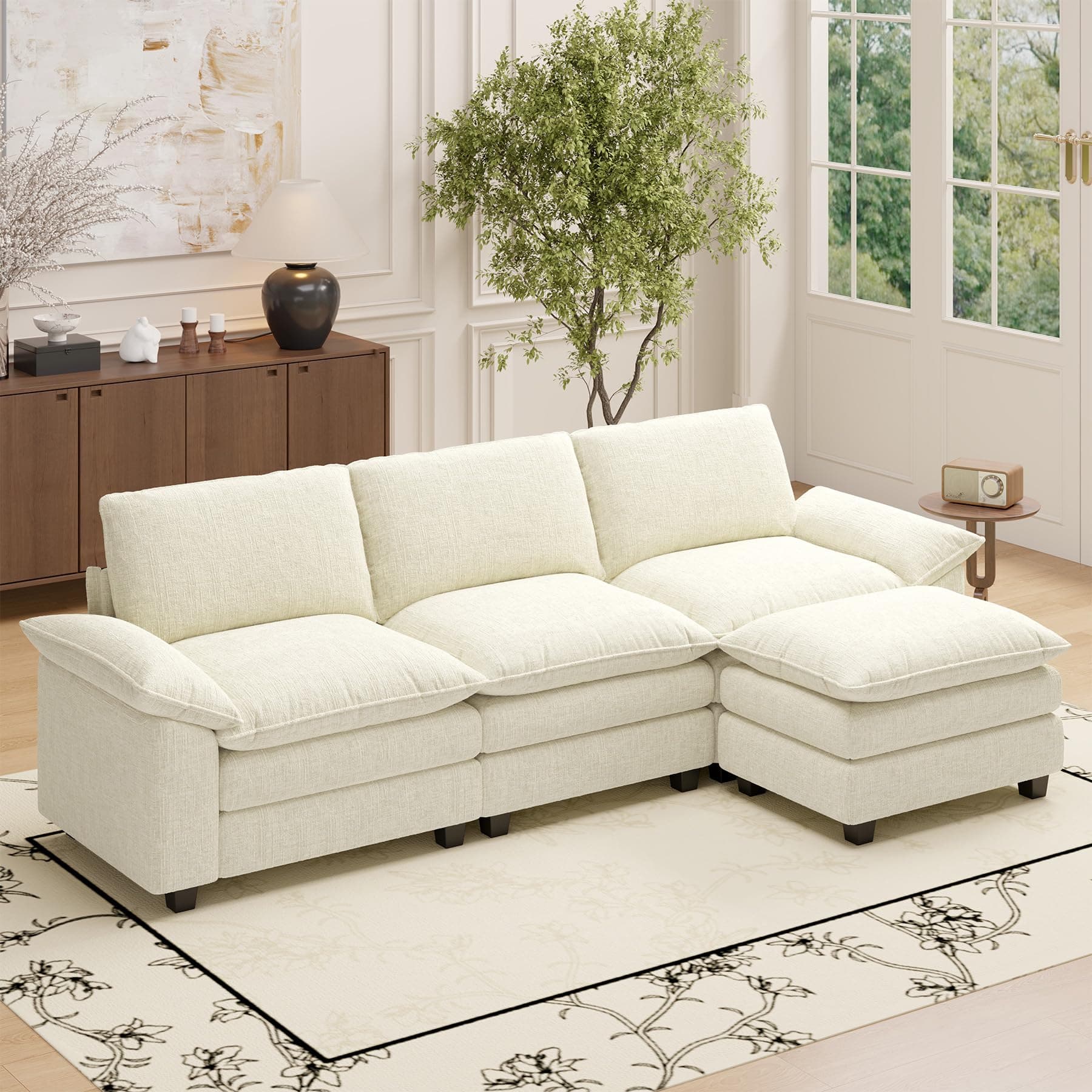 Beige L-Shaped 4-Seat Cloud Couch Sectional Sofa with Ottoman