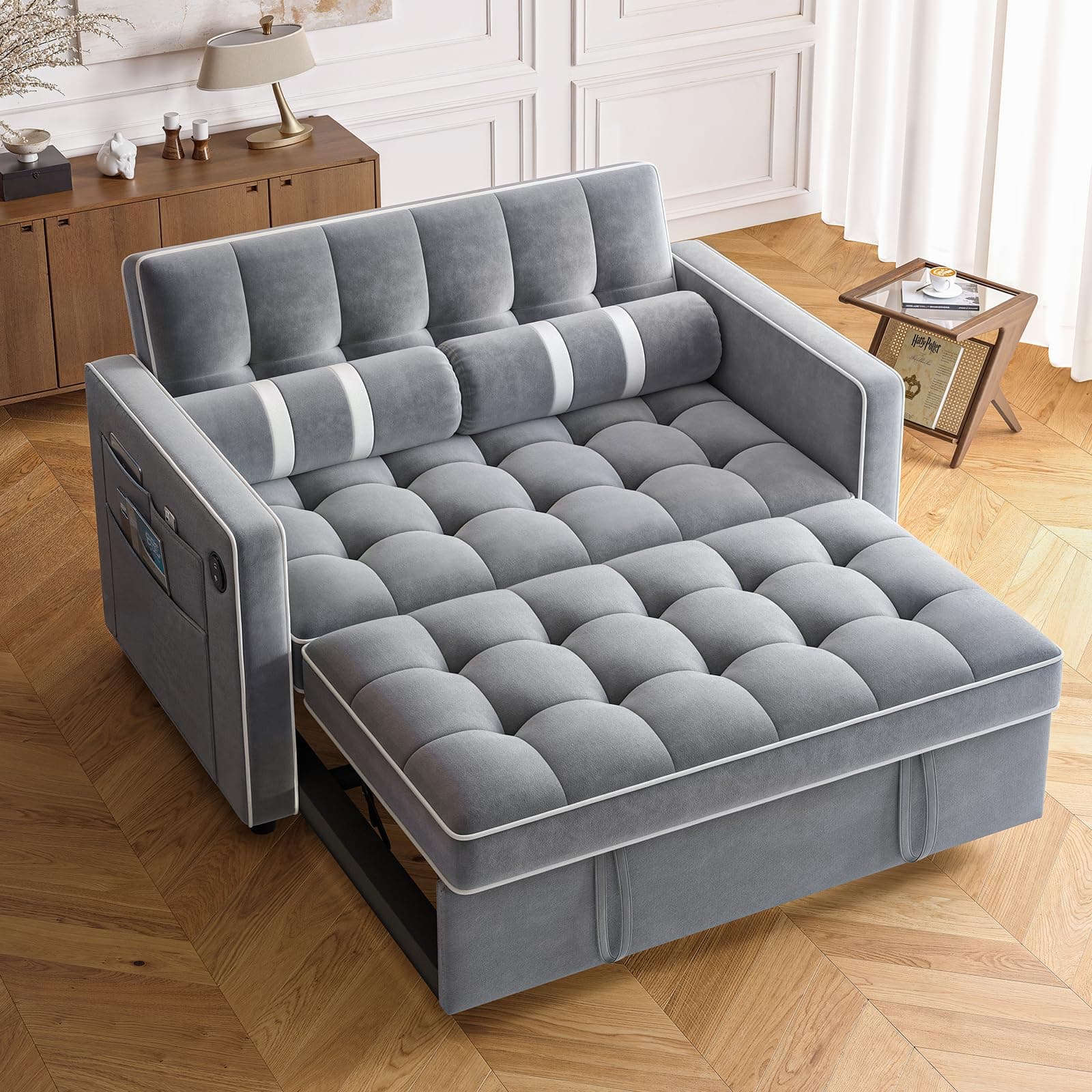 Amada 3-in-1 Convertible Sleeper Sofa Bed, Grey Velvet Couch with USB Ports