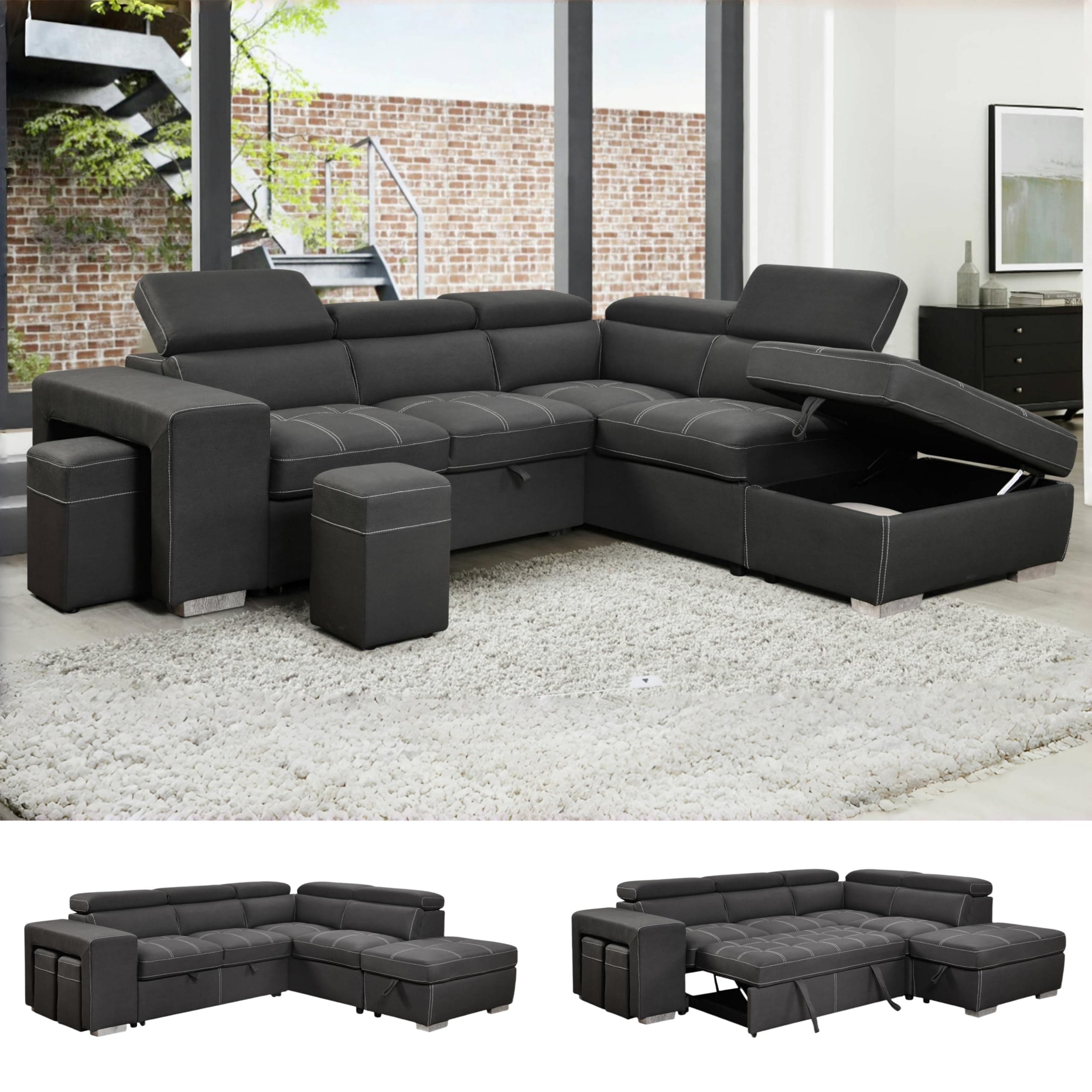 THSUPER Charcoal Grey 104" L-Shaped Sectional Sleeper Sofa with Storage Ottoman