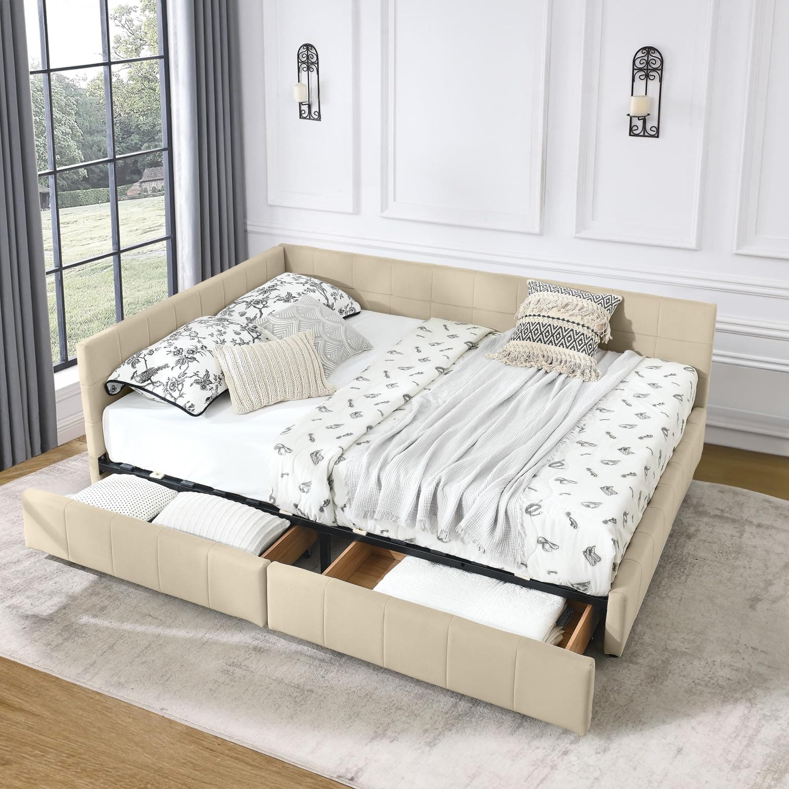 Tufted Velvet Queen Daybed with Storage, Wood L-Shaped Frame, Living Room Sofa Bed, Beige
