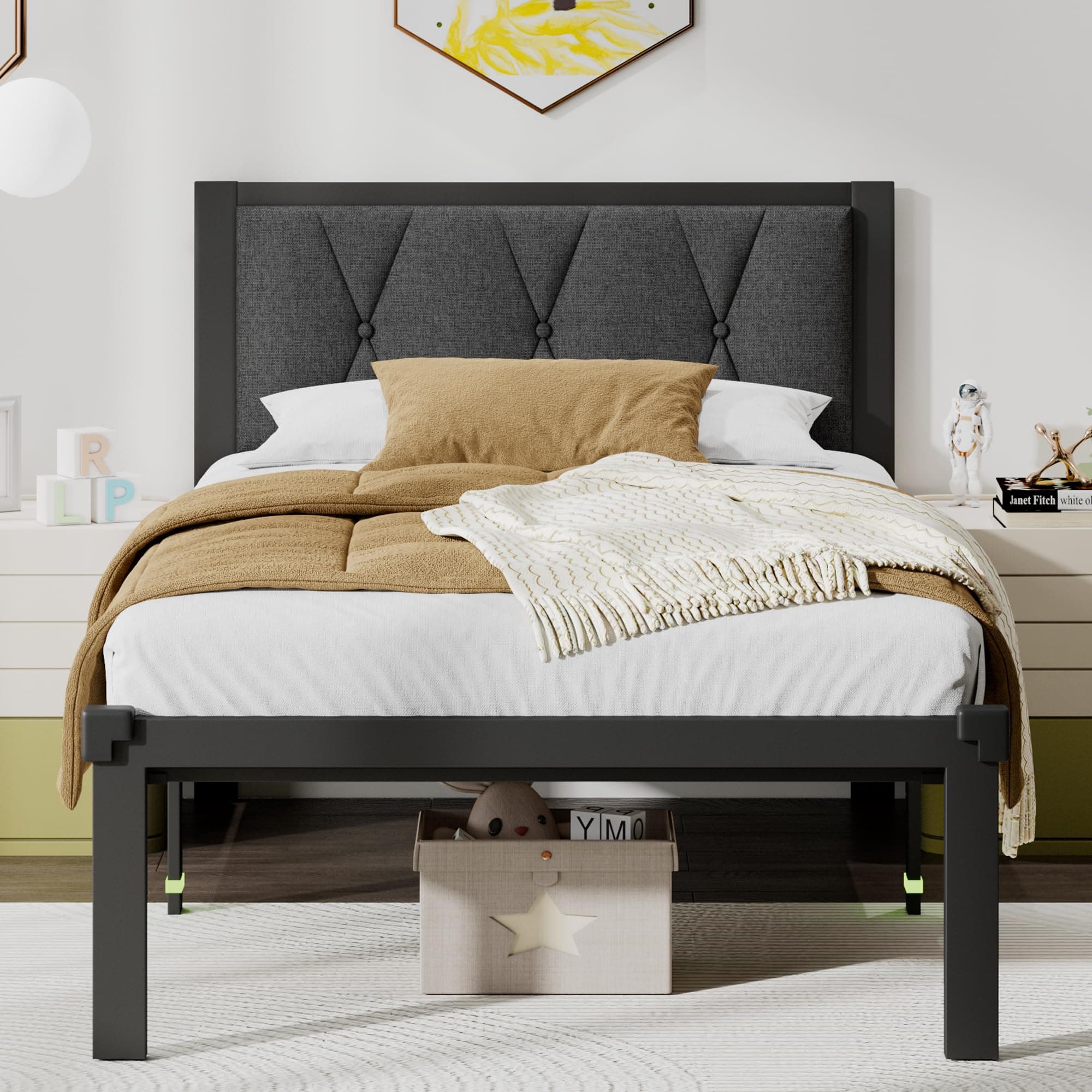 Twin Size Metal Bed Frame with Tufted Headboard and Underbed Storage, Easy Assembly, Noise-Free, Dark Grey
