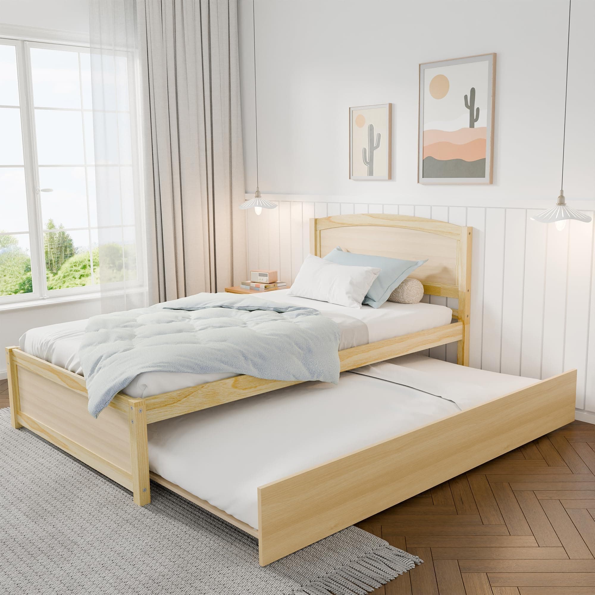 Natural Solid Wood Twin Pull Out Daybed with Trundle and Slat Support