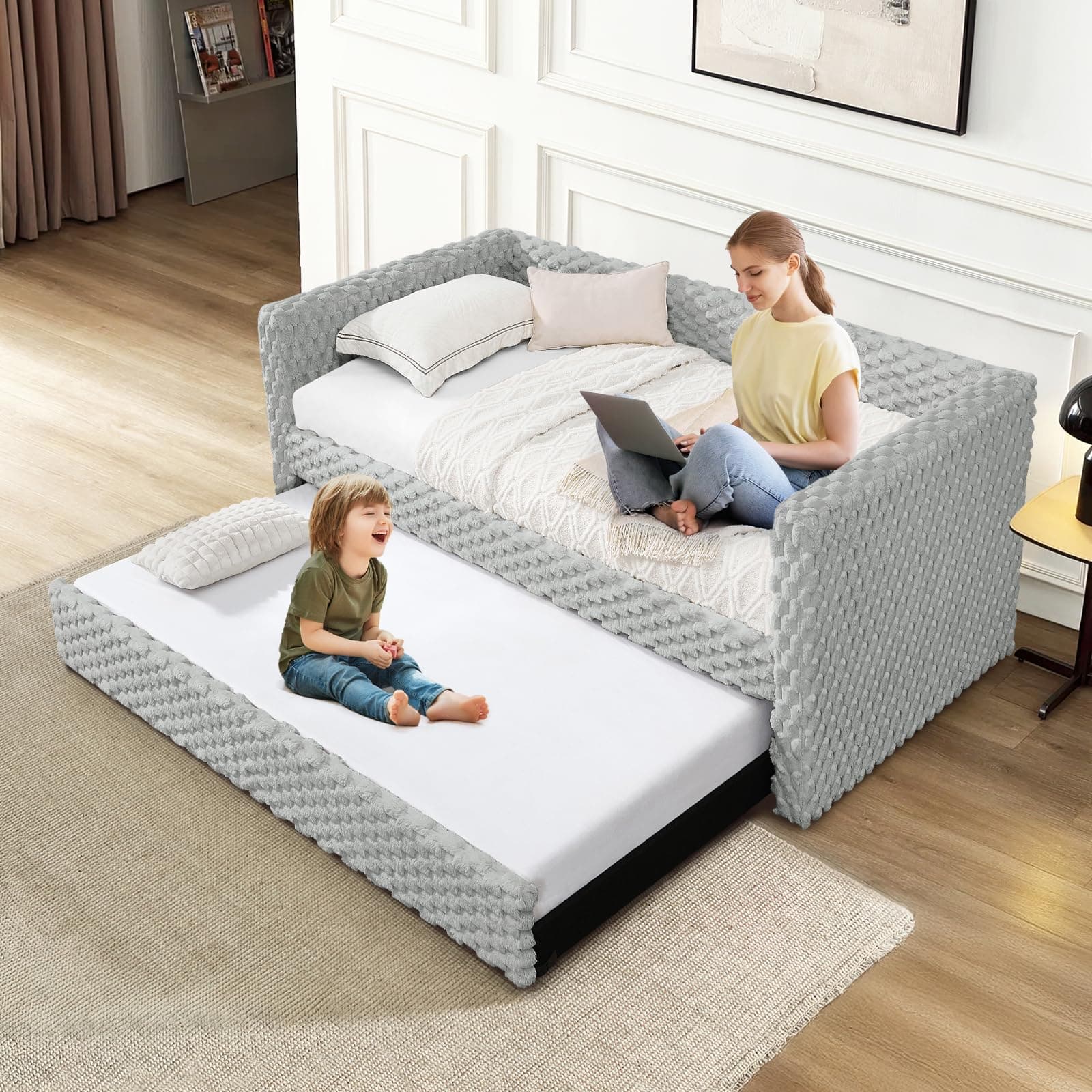Plaid Corduroy Twin Daybed with Trundle, Grey Tufted Modern Sofa Couch