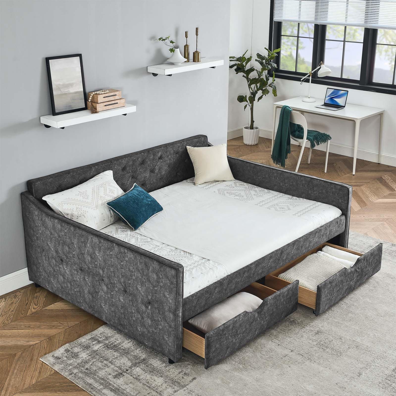 Modern Queen Size Upholstered Daybed with Storage Drawers