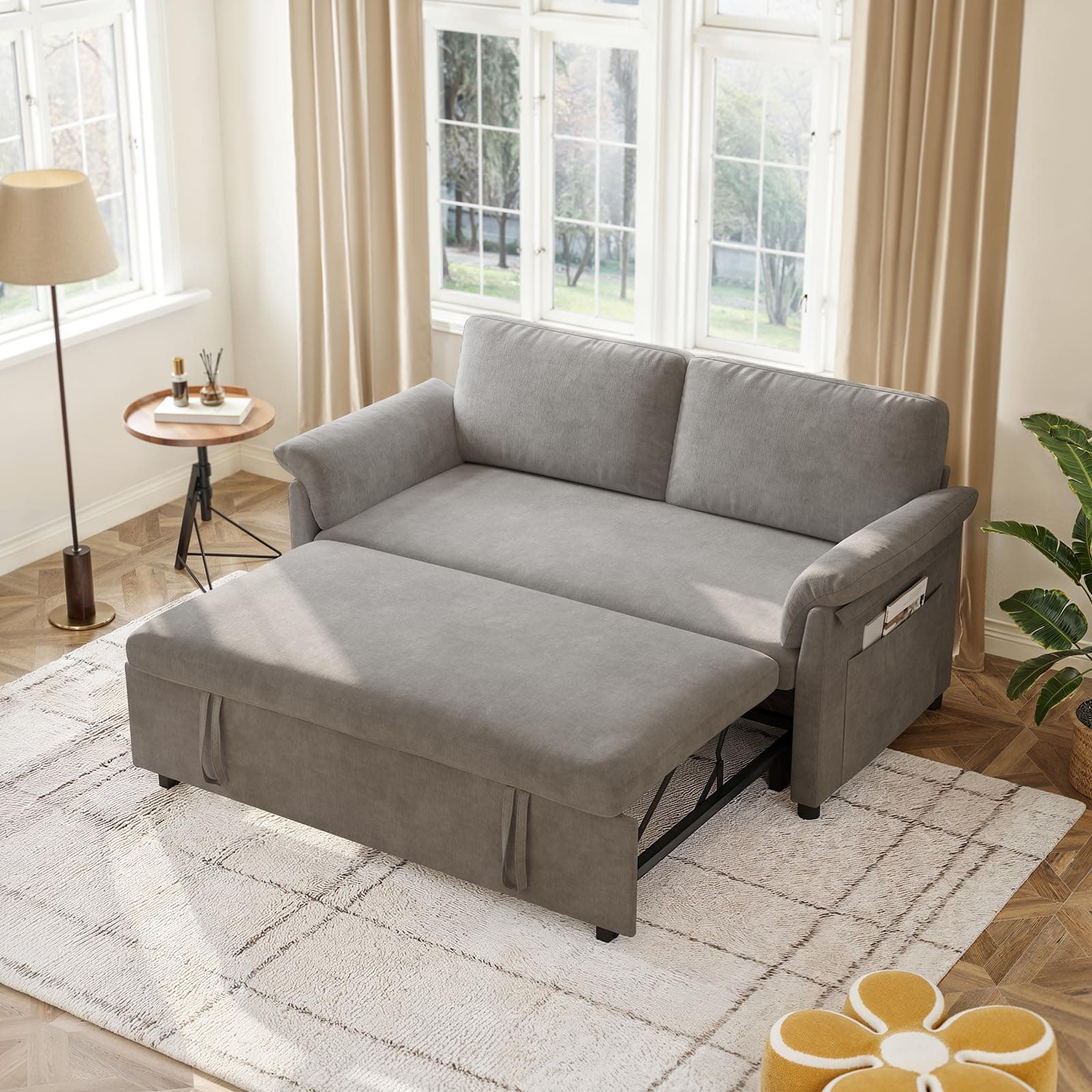 3-in-1 Chenille Convertible Sofa Bed with Pull-Out Bed & Adjustable Backrest, Grey