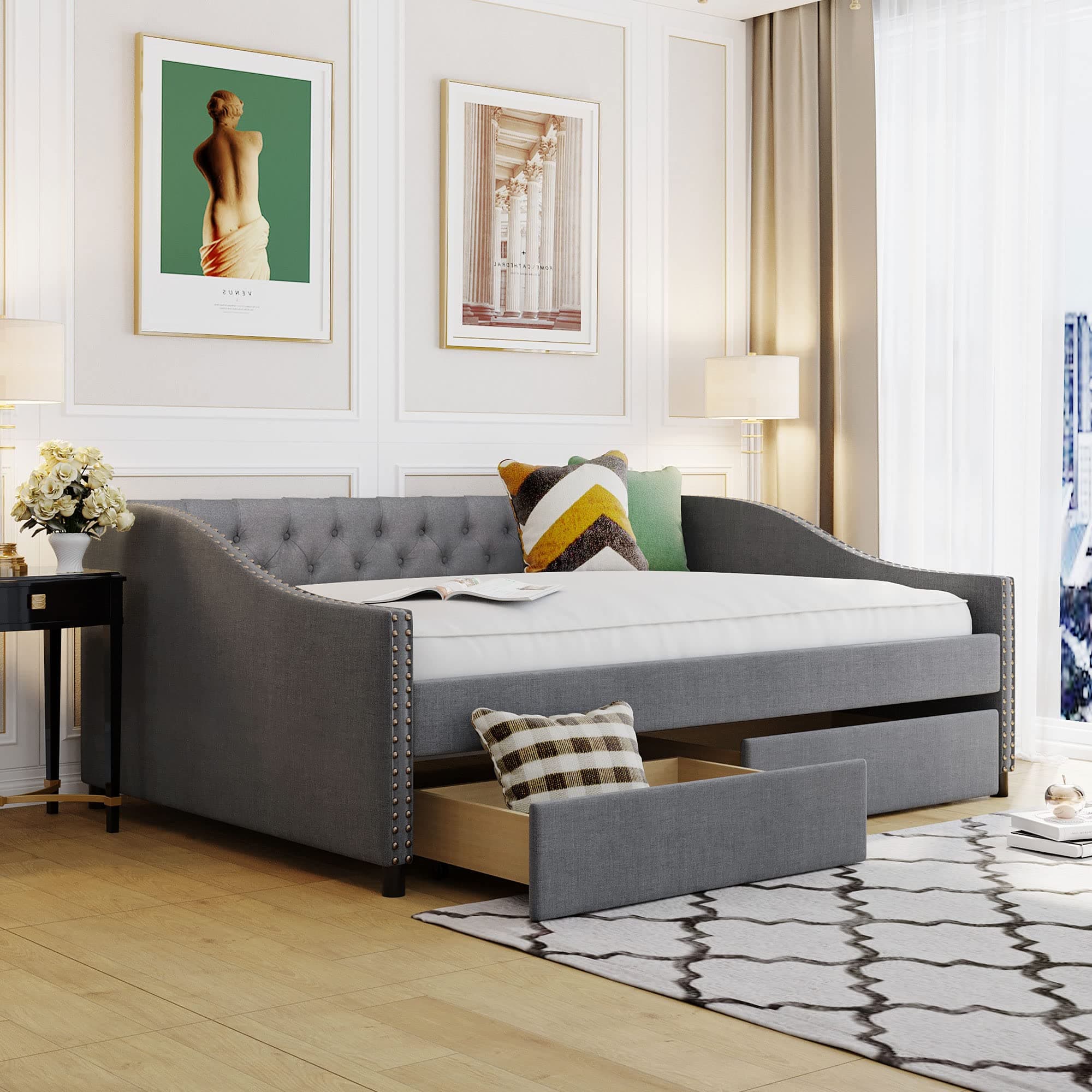 Upholstered Daybed with 2 Drawers and Diamond-Tufted Backrest, Gray