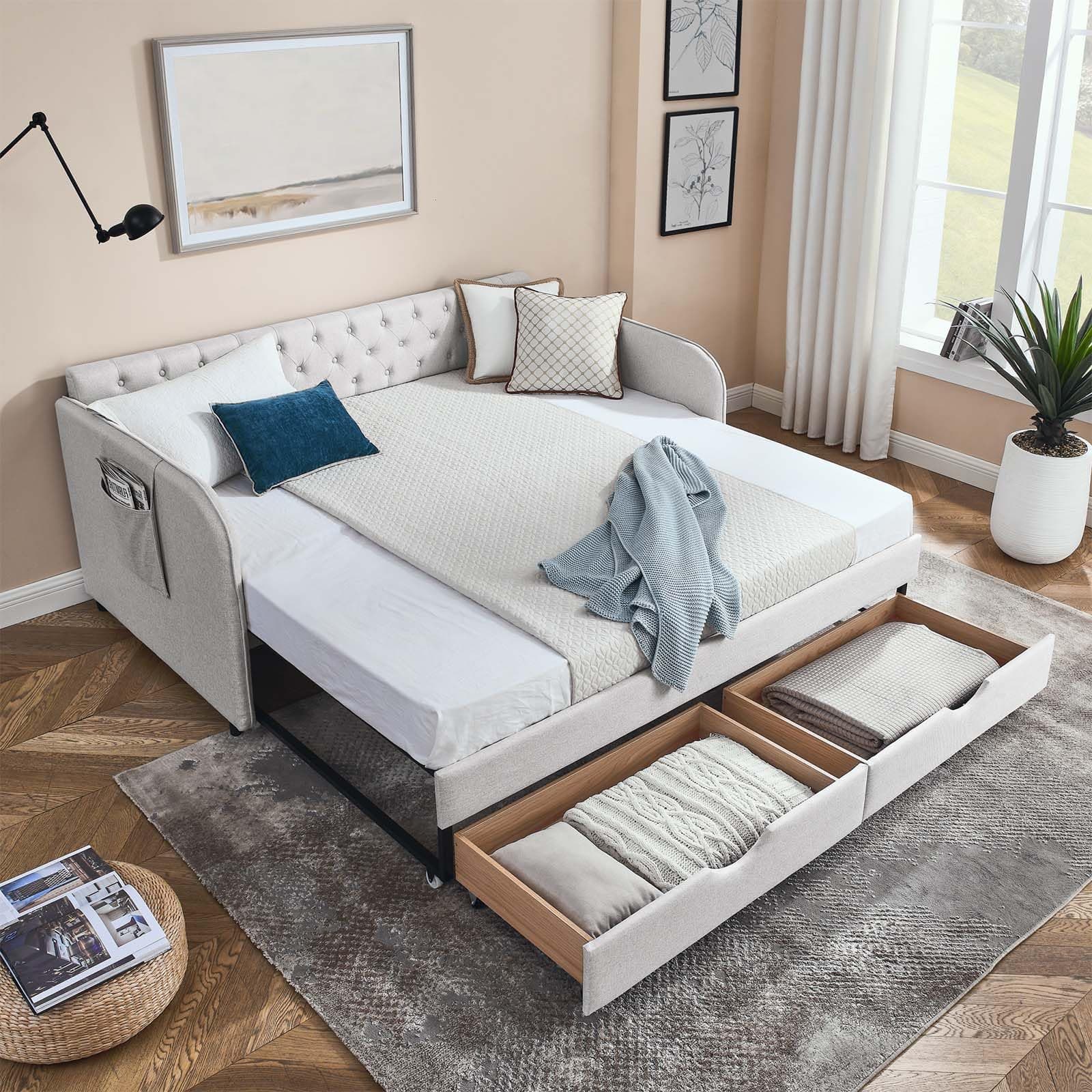Antetek Modern Button Tufted Linen Daybed with Drawer, Beige