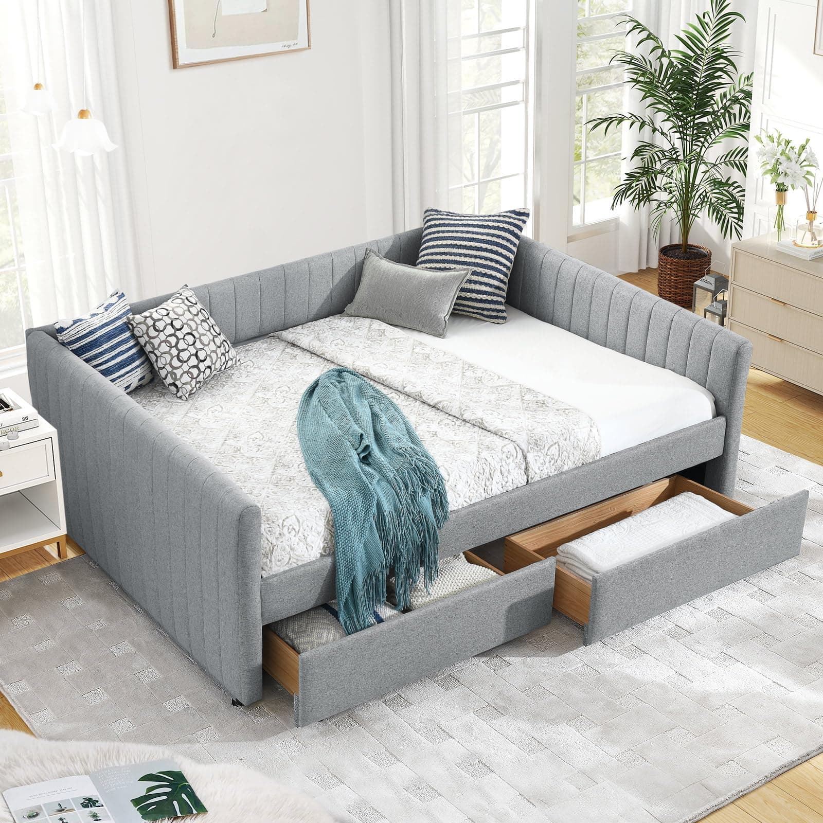 JEEOHEY Linen Grey Stripe Queen Daybed with Storage