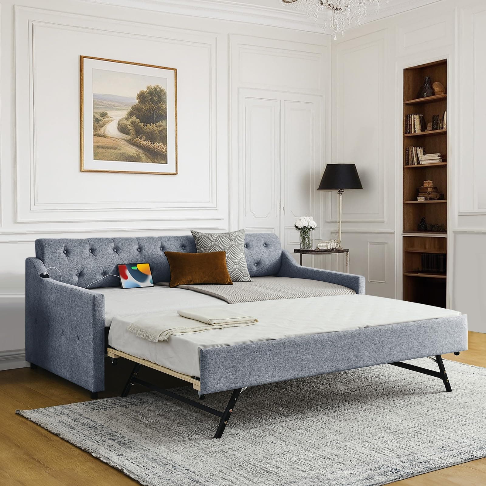 Twin Day Bed with Pop Up Trundle and USB Port for Living Room or Guest Room