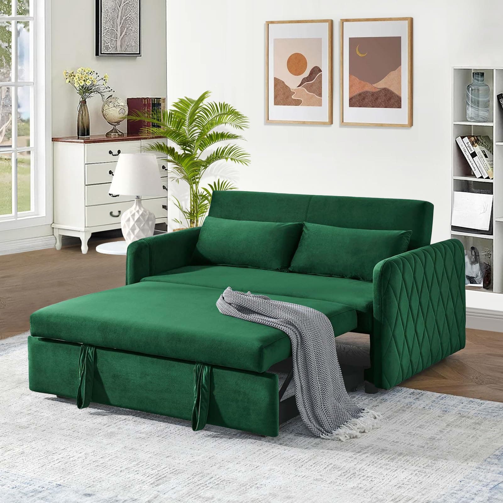 Convertible Sleeper Sofa Couch with Pull Out Bed, 55 Modern Velvet Sofa Bed with Adjustable Backrest & Side Pocket in Green