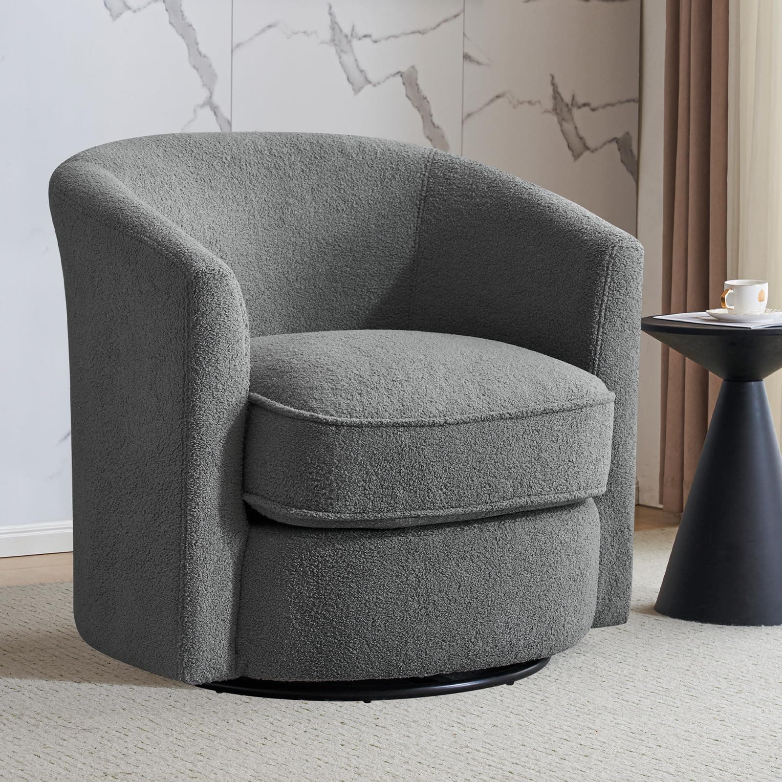 Furniliving 360° Swivel Grey Accent Chair, Comfortable Sherpa Upholstered Barrel Sofa