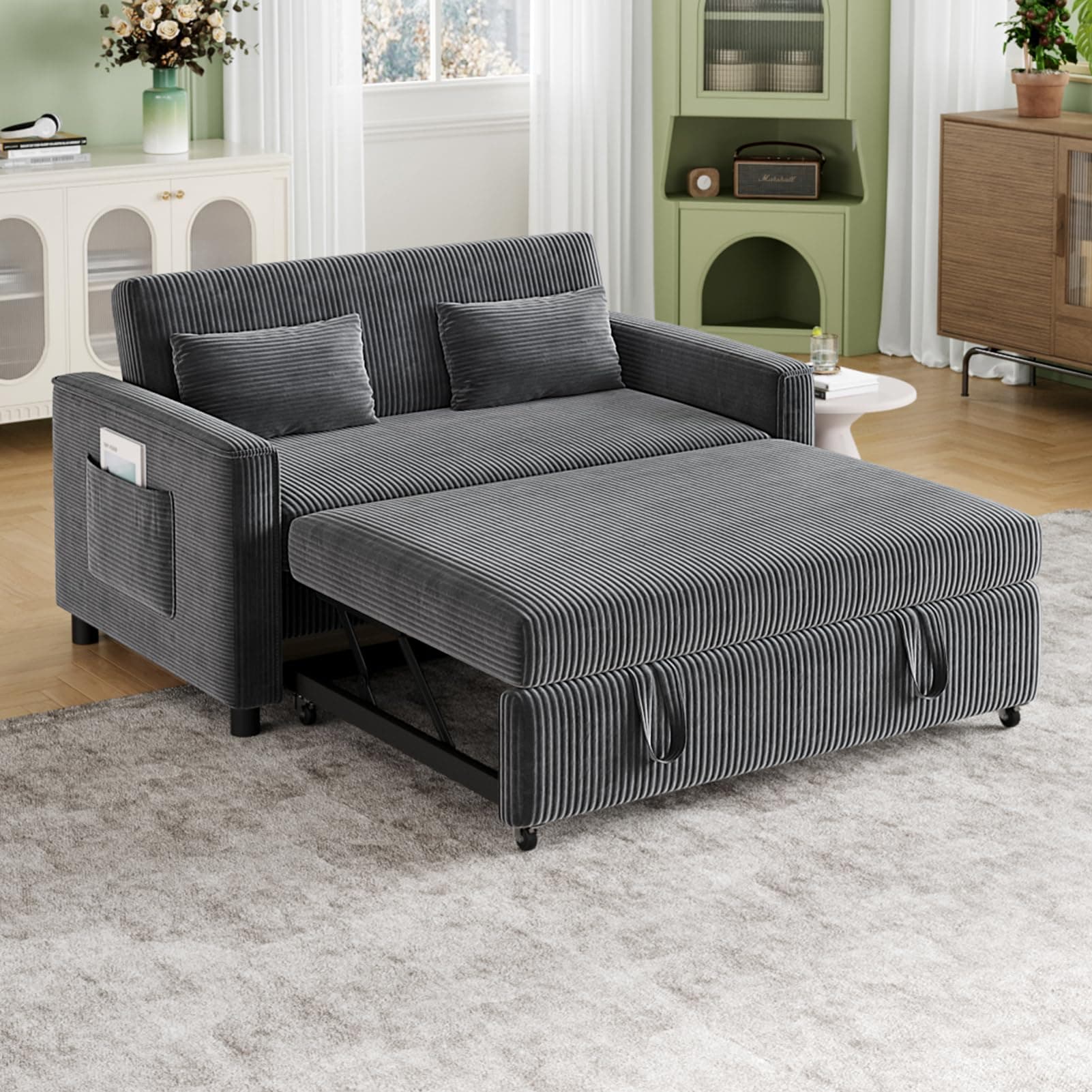 3-in-1 Grey Corduroy Futon Sofa Bed with Adjustable Backrest