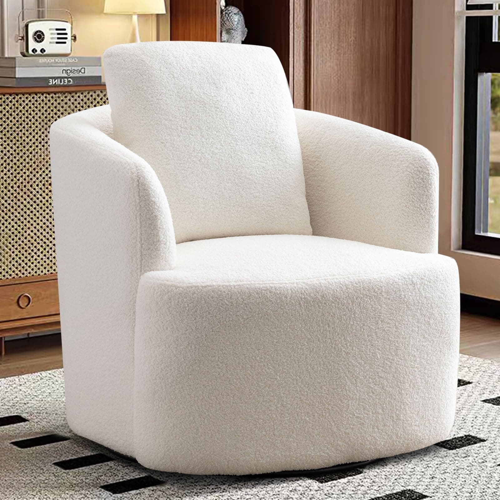 CANMOV Round Swivel Accent Chair, White, Comfy Teddy Boucle Armchair with Pillow