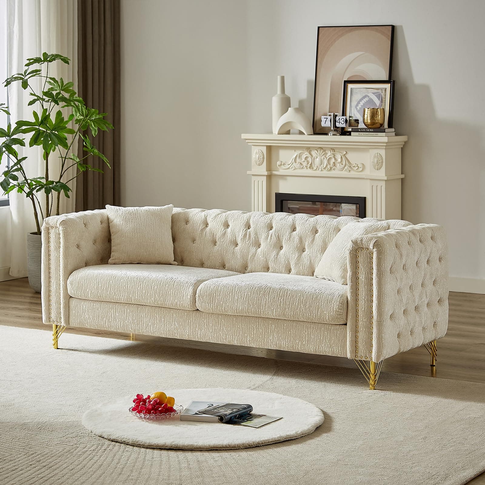 Chenille Loveseat Sofa - Comfy and Stylish for Living Room, Office, Apartment (Beige)