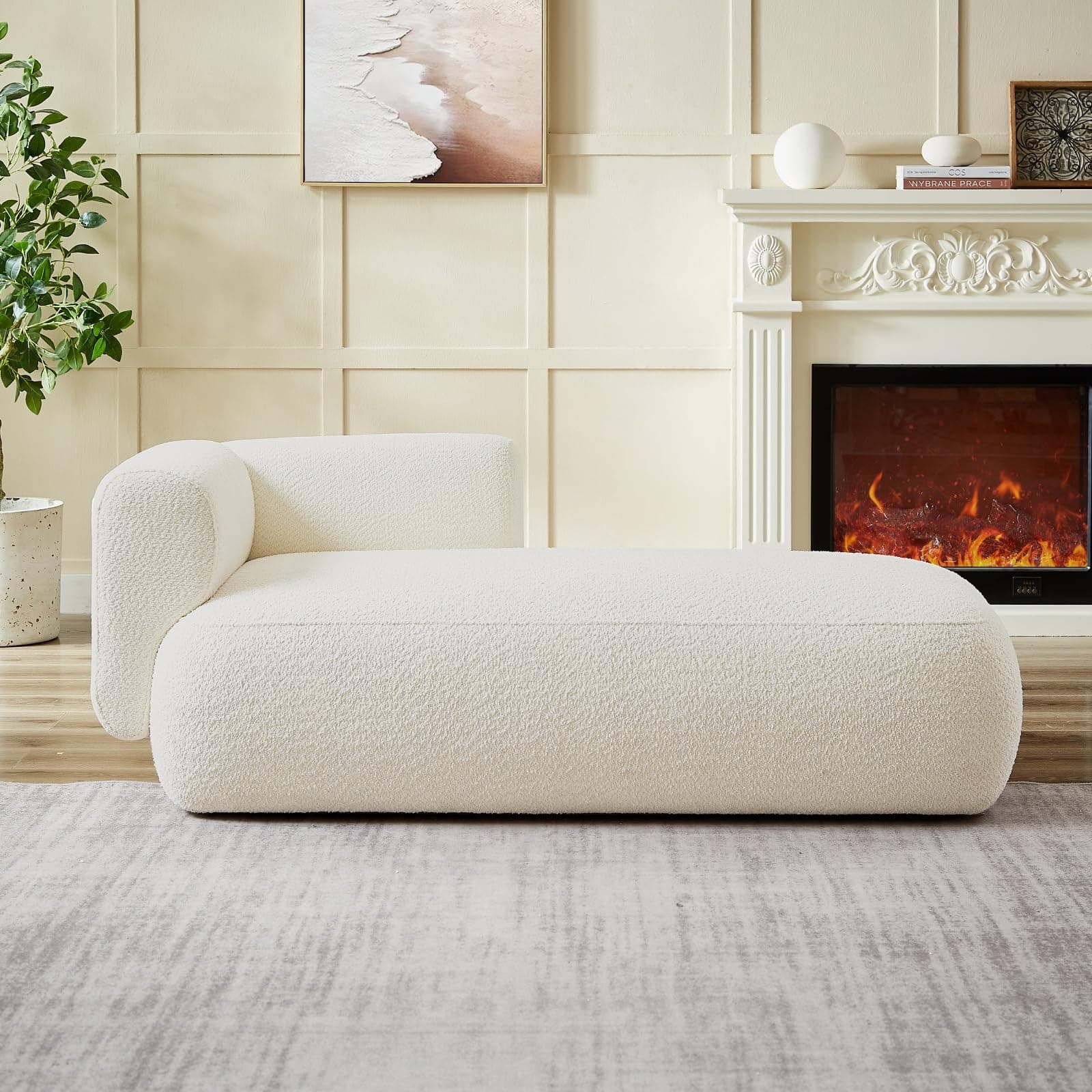 Boucle Cream Upholstered Chaise Lounge for Living Room Bedroom