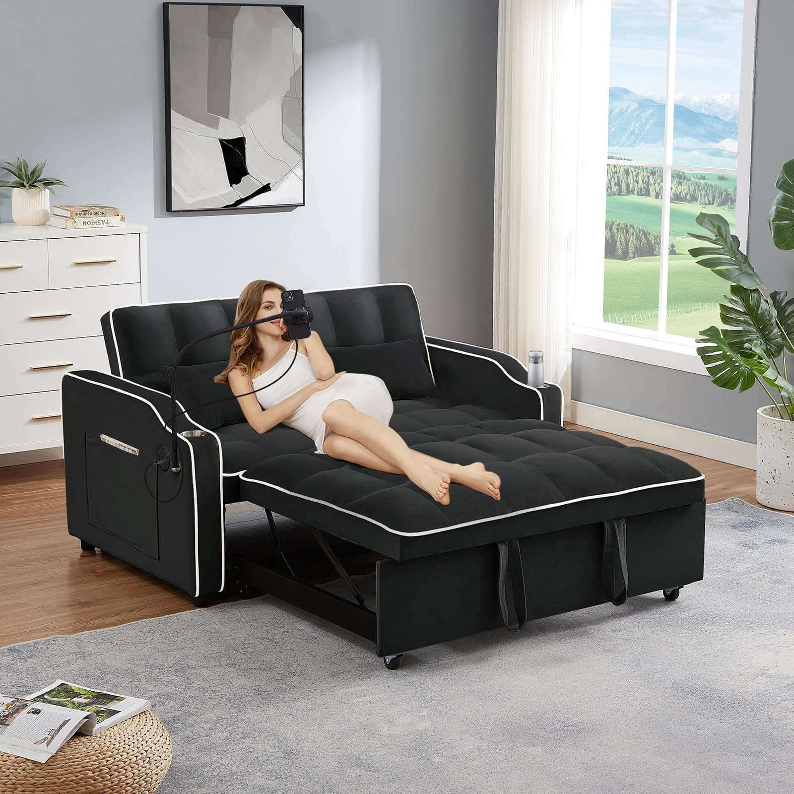 JEEOEHY 3-in-1 Convertible Velvet Sleeper Sofa Bed with USB Port, Adjustable Backrest, Phone Stand, and Cup Holder for Small Spaces (Black)