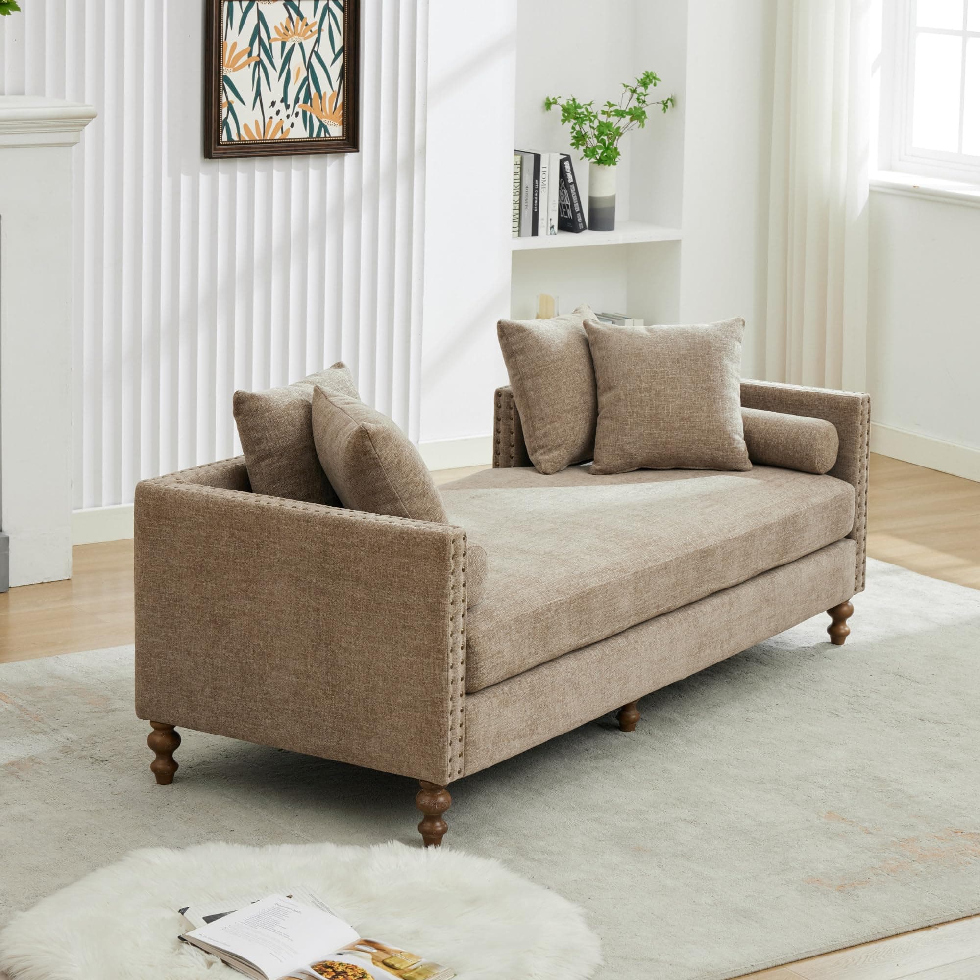 Retro Oversized Chaise Lounge Chair, 75.2" W, Brown with Armrests & 6 Pillows