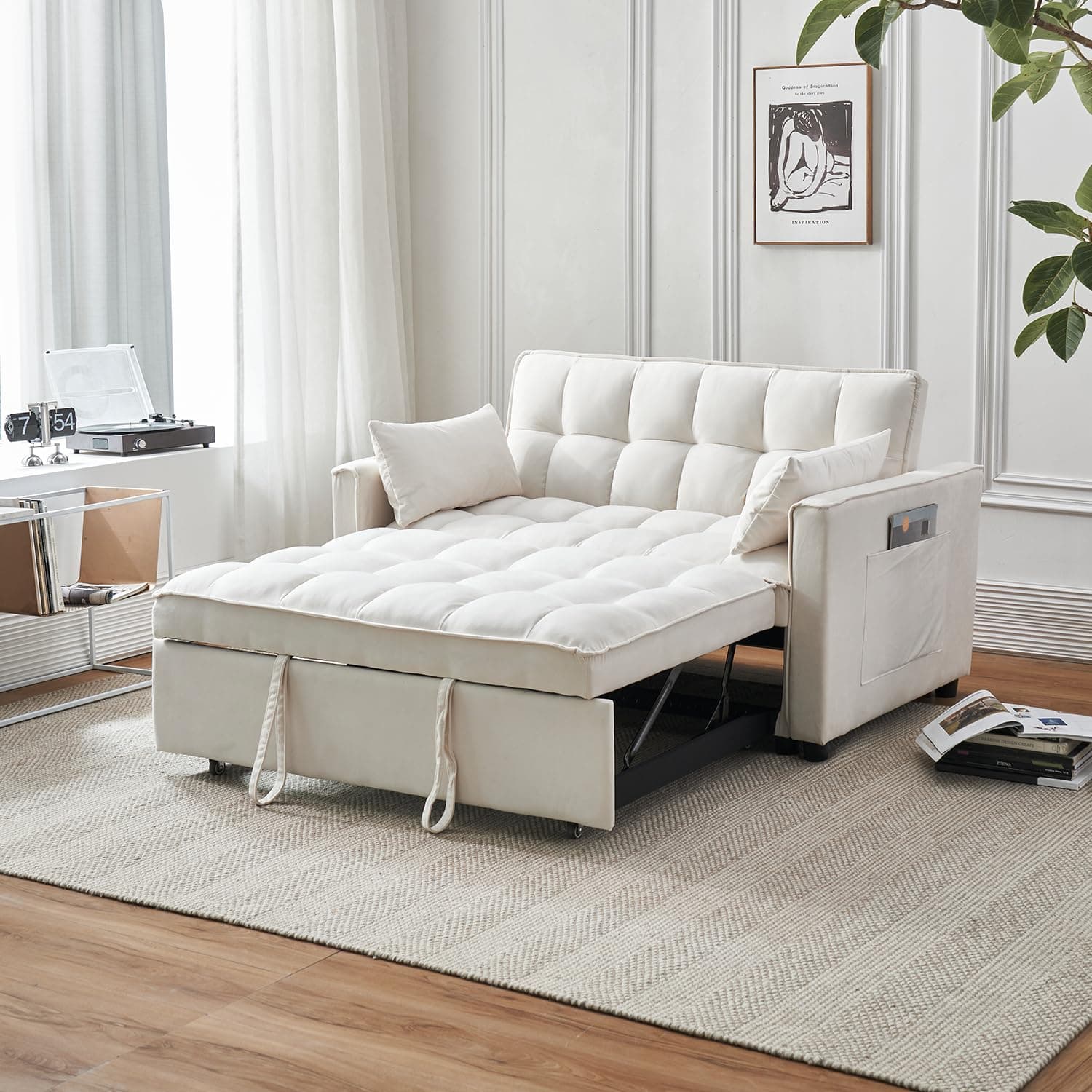 Beige 3-in-1 Sleeper Sofa Bed with Storage – Modern Lounge Furniture