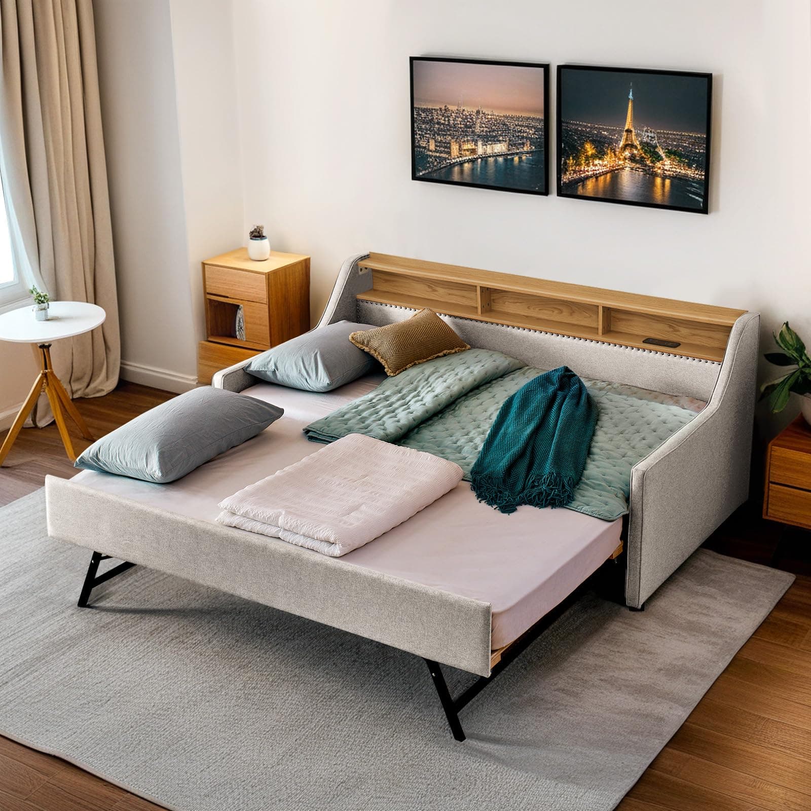 Beige Upholstered Twin Daybed with Pop Up Trundle & Wireless Charging