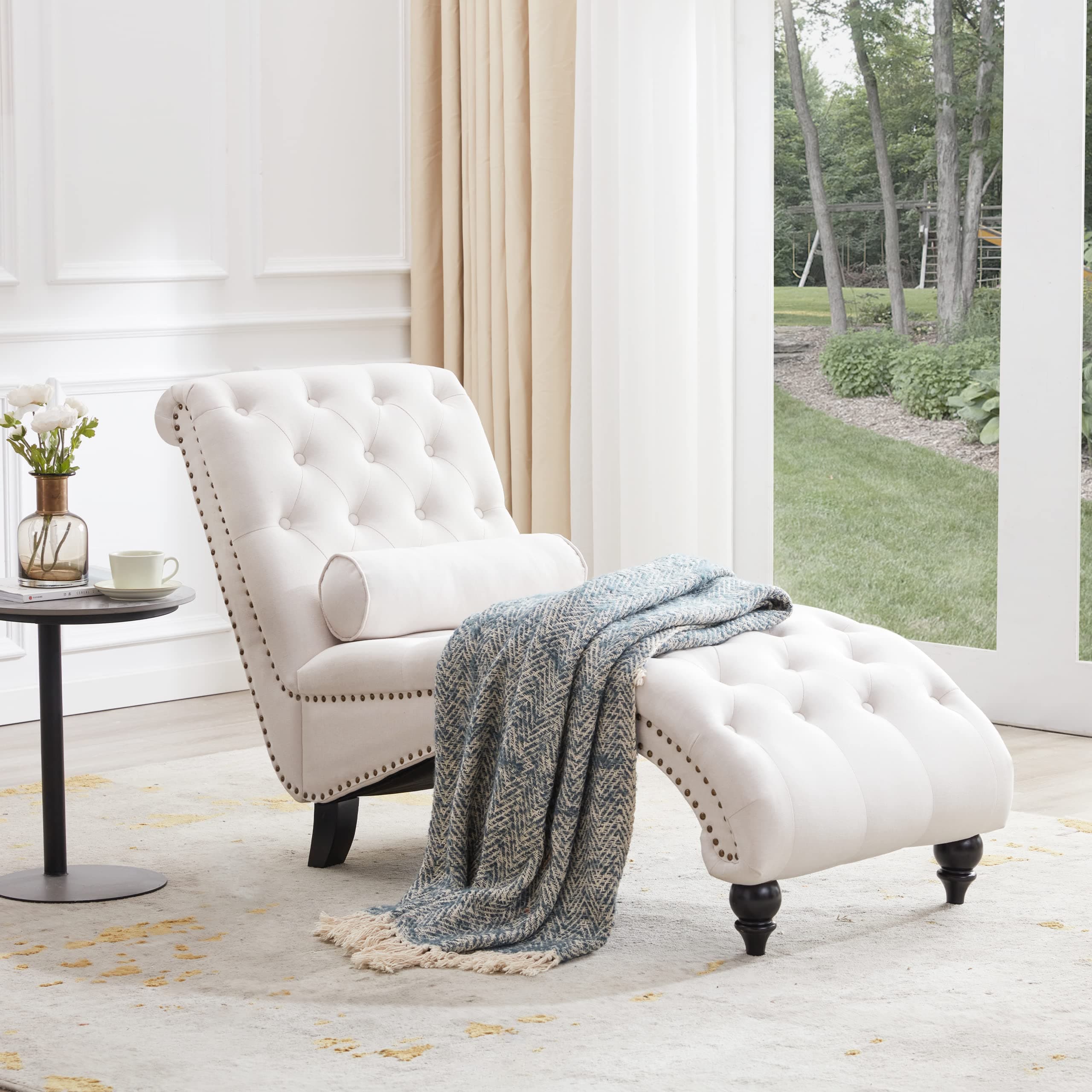 Beige Button-Tufted Armless Chaise Lounge with Solid Wood Legs & Pillow for Living Room