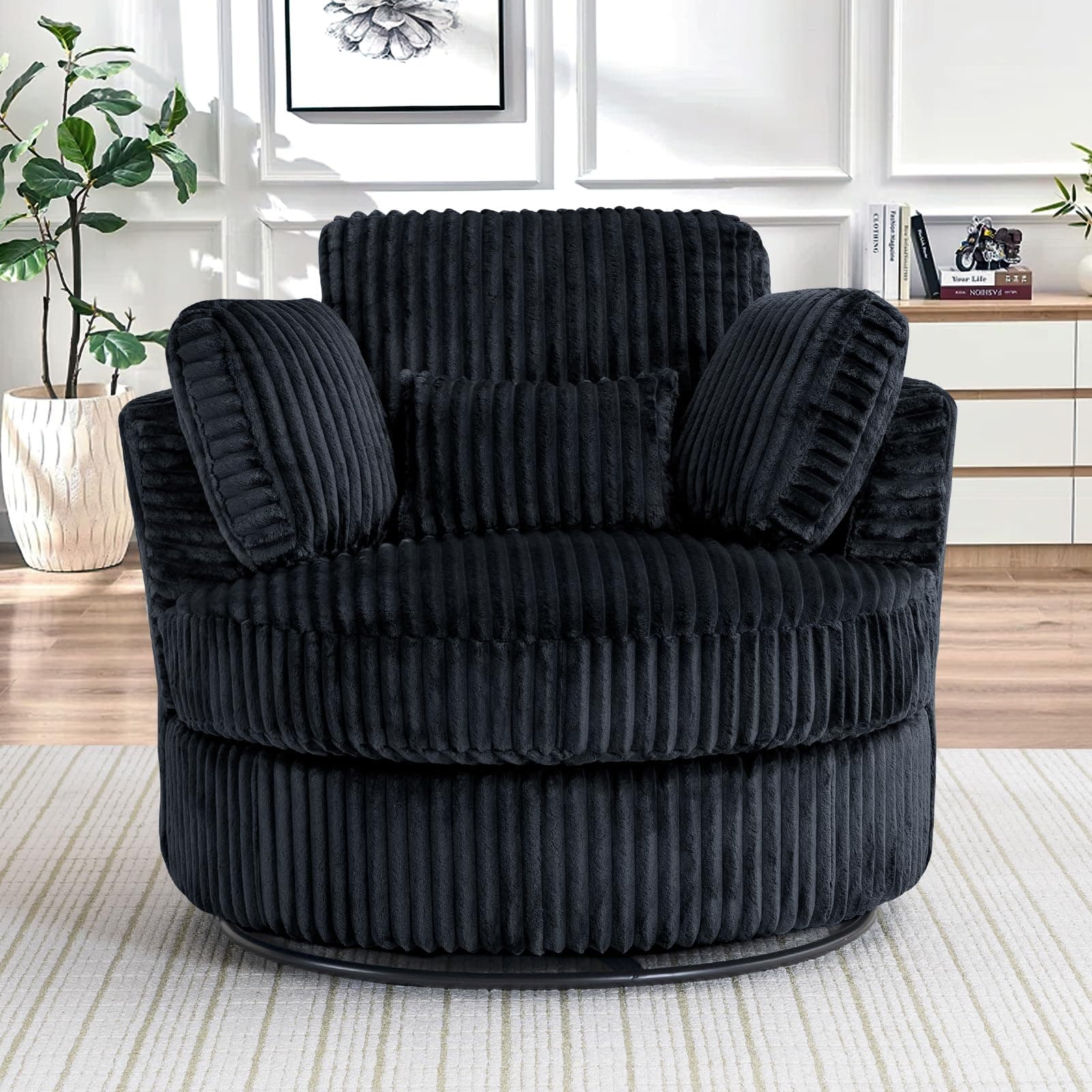 40" Modern Black Swivel Chair with 360° Metal Base & Plush Pillows, Thick Cushion, Living Room & Bedroom Accent (Black)