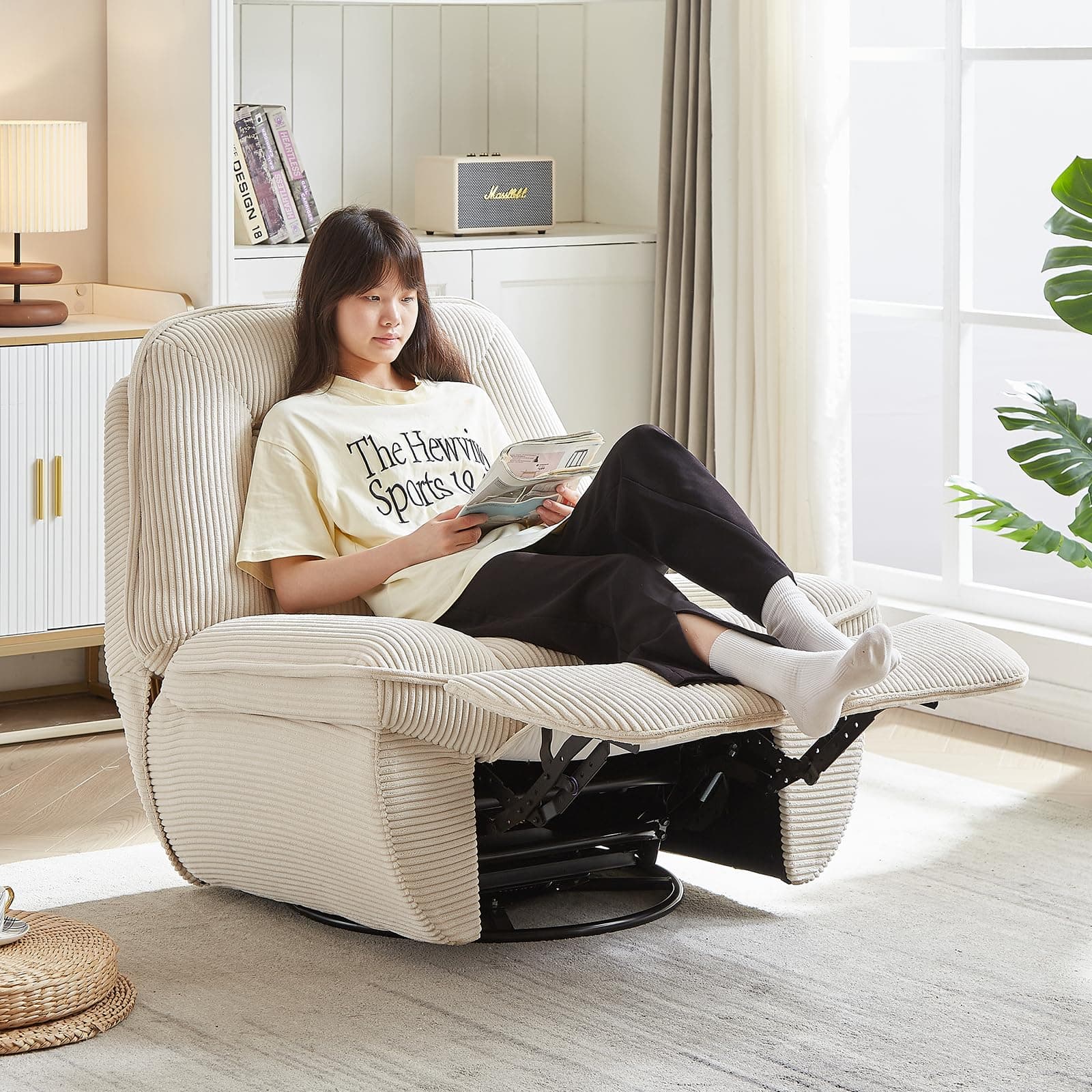 Swivel Rocking Recliner Chair for Adults with Upholstered Corduroy Reclining, Small Recliners for Small Spaces, Nursery, Living Room, Bedroom (Beige)