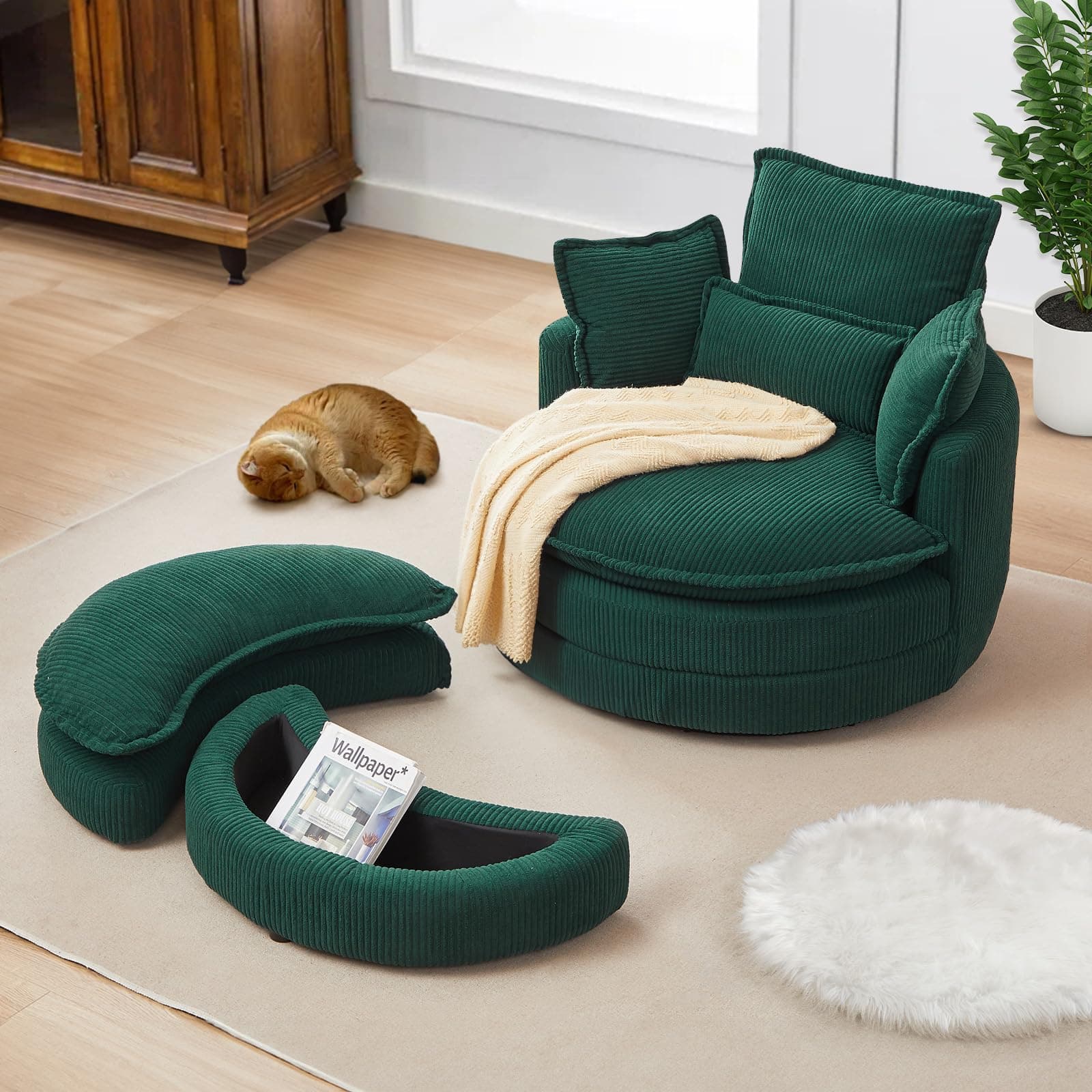 JEEOHEY 38"W Oversized Swivel Armchair with Half Moon Ottoman, Green