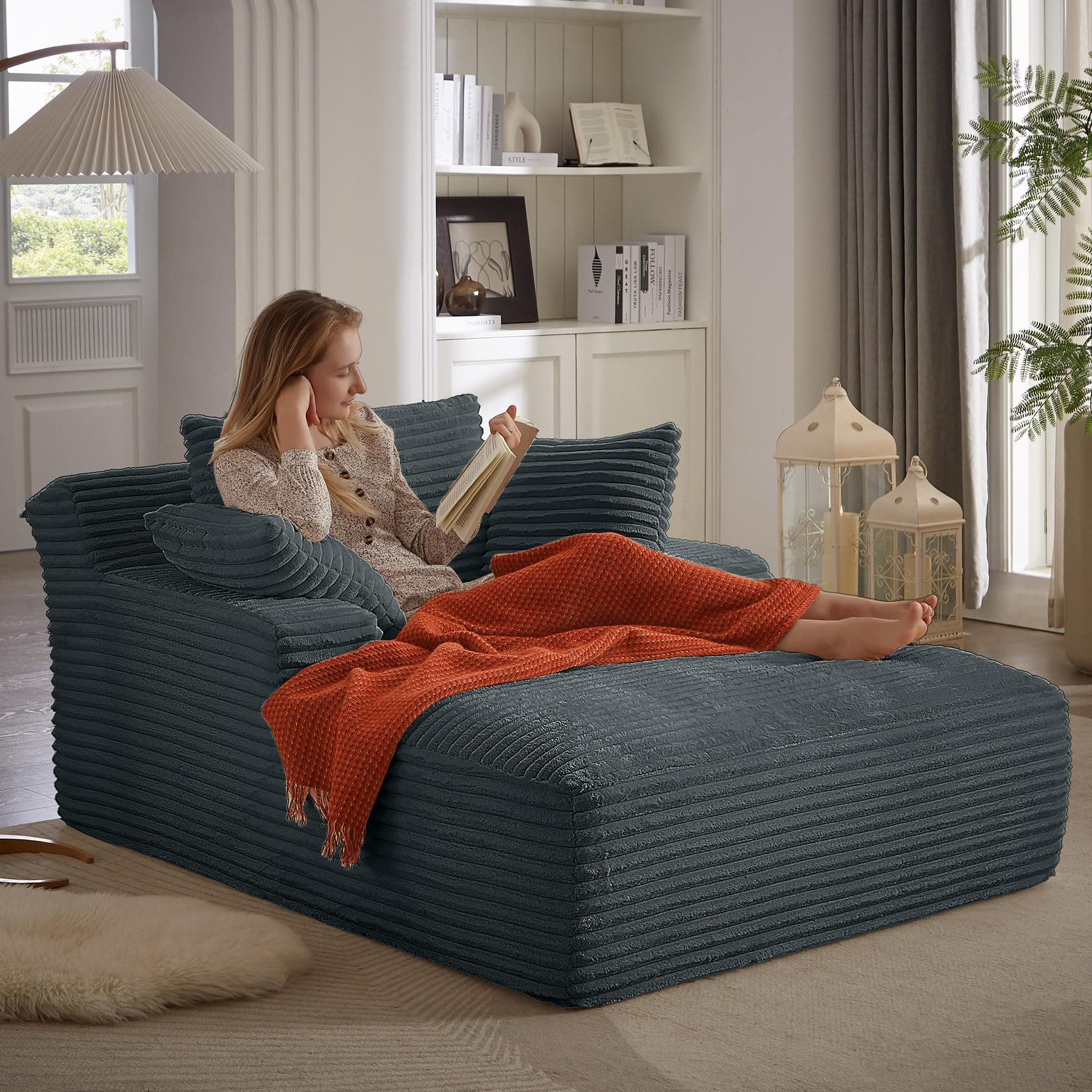 Oversized 49 Indoor Chaise Lounge Chair with 3 Pillows – Grey Corduroy, No Assembly Needed