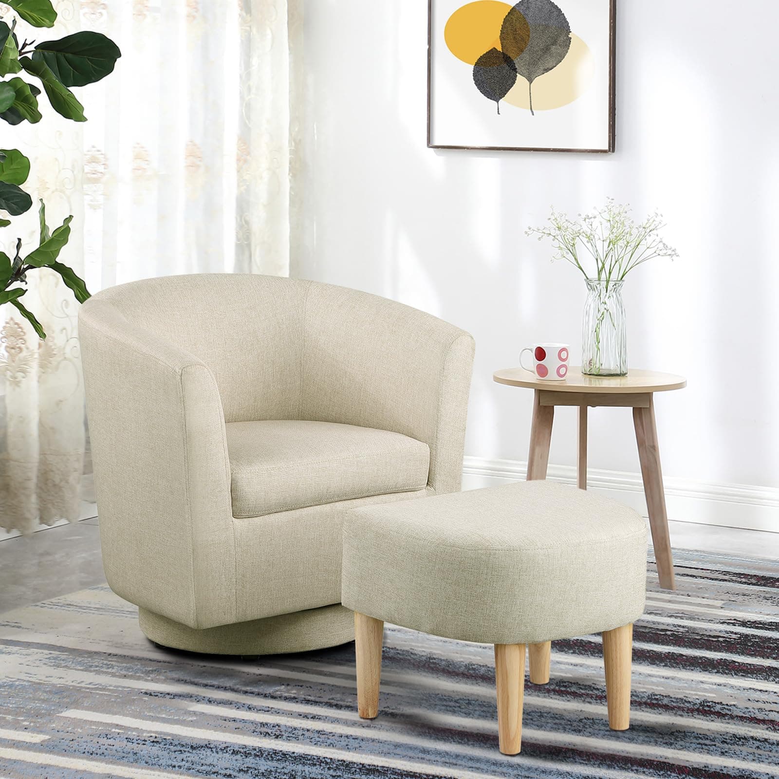 Beige Swivel Accent Chair with Ottoman for Comfortable Living & Reading Rooms