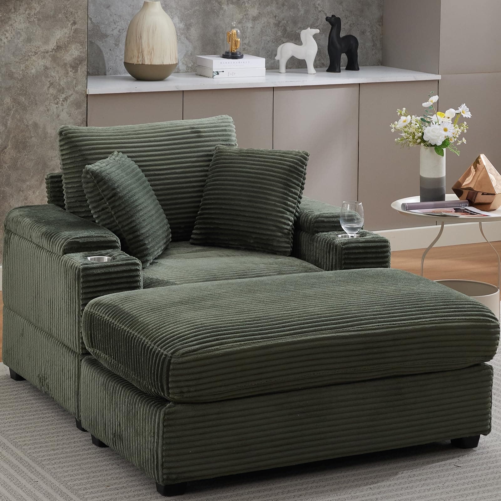 Oversized Green Corduroy Chaise Lounge with Storage & Ottoman, Reclining Sofa Bed
