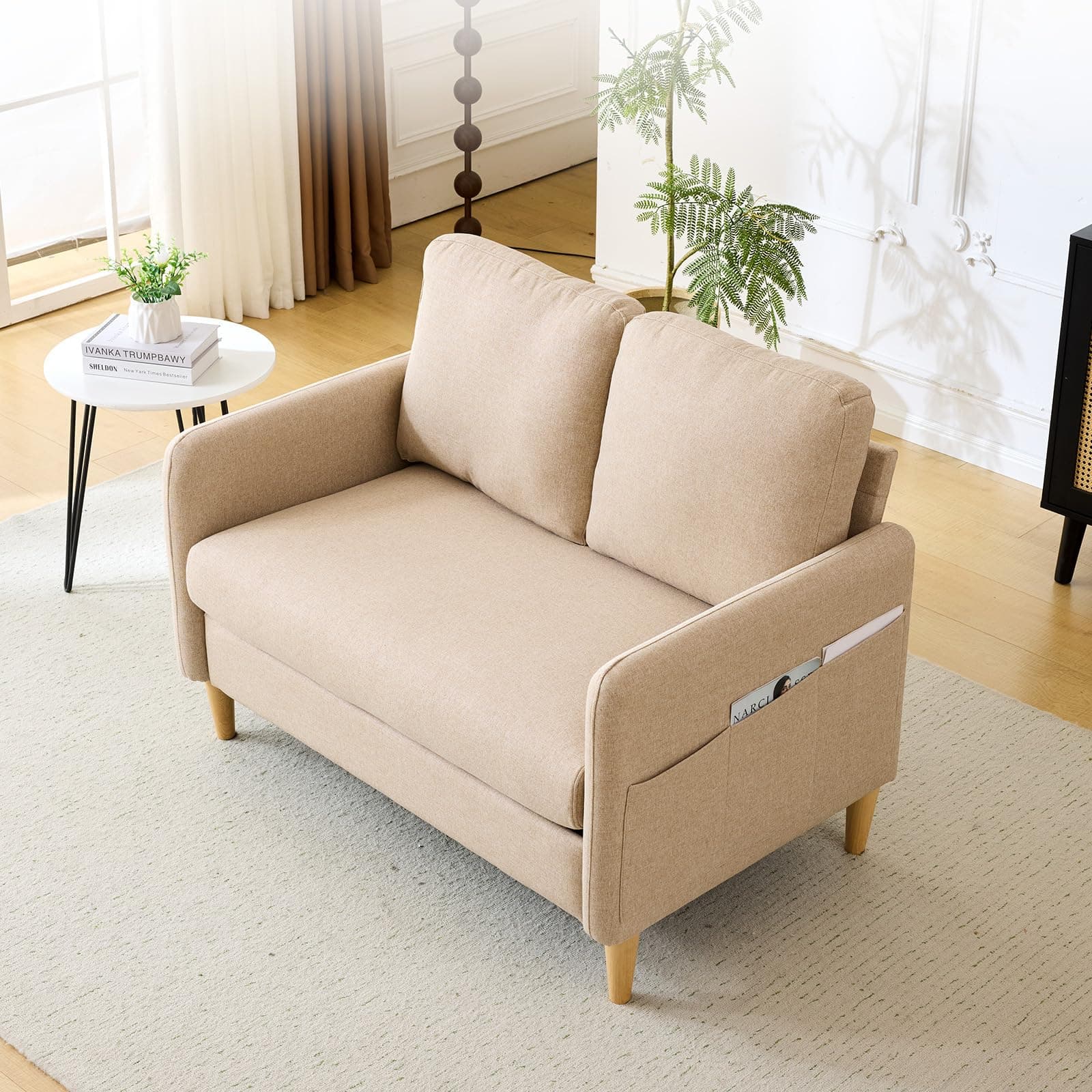 Vingli Light Brown Linen 47" Loveseat Sofa Mid Century ModernDecor