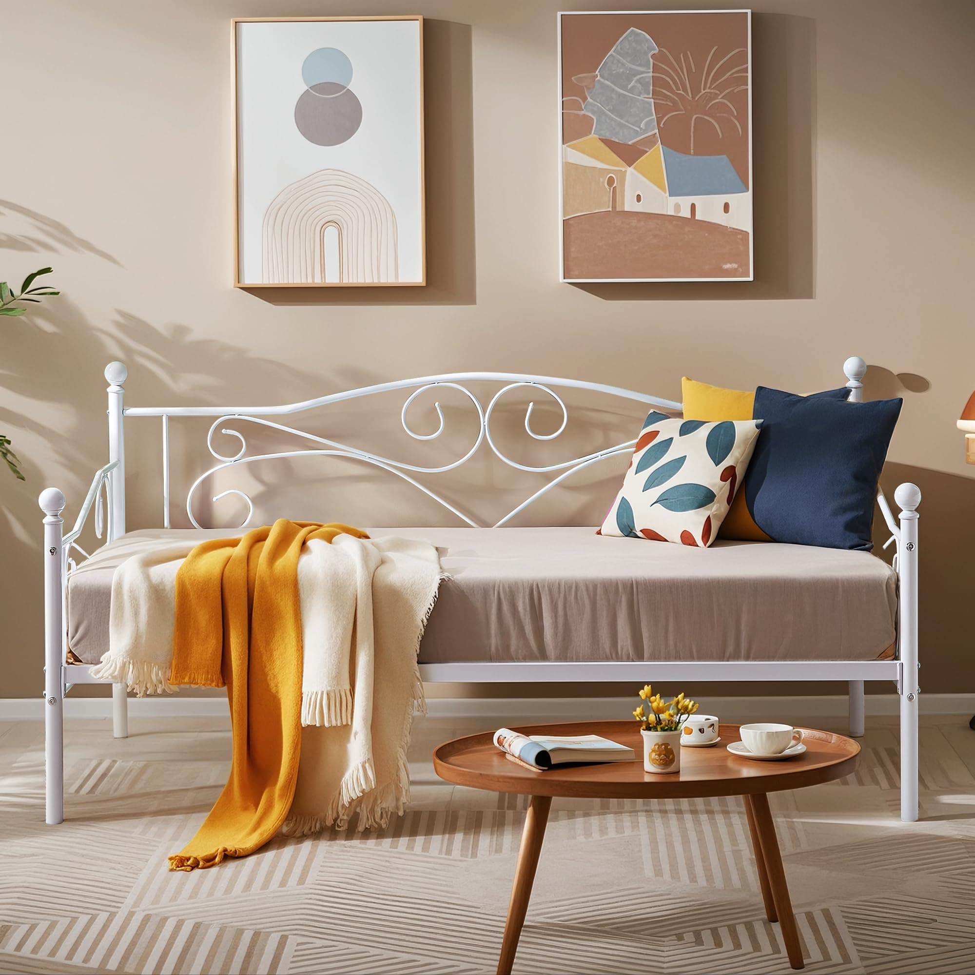 VECELO Metal Twin Daybed Frame with Headboard & Slats Support