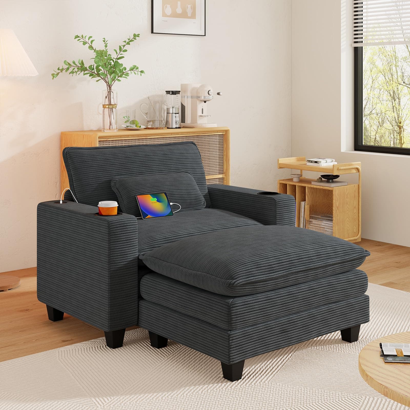 Oversized Grey Corduroy Chaise Lounge Chair with Ottoman & USB Port