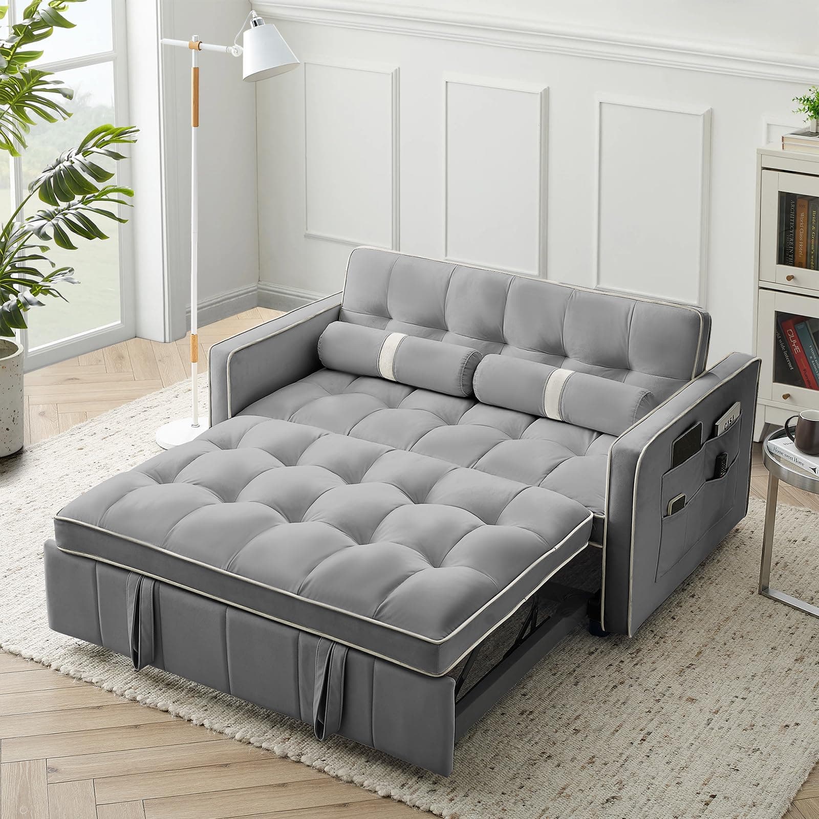 3-in-1 Sleeper Sofa Bed with Velvet Tufted Pull Out Couch, Adjustable Backrest (Grey)