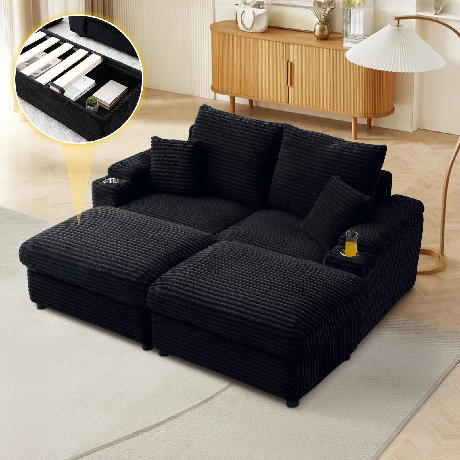 Oversized Black Chaise Lounge Chair with Storage Ottomans and Cup Holders - Modern L-Shaped Sofa for Living Room and Bedroom