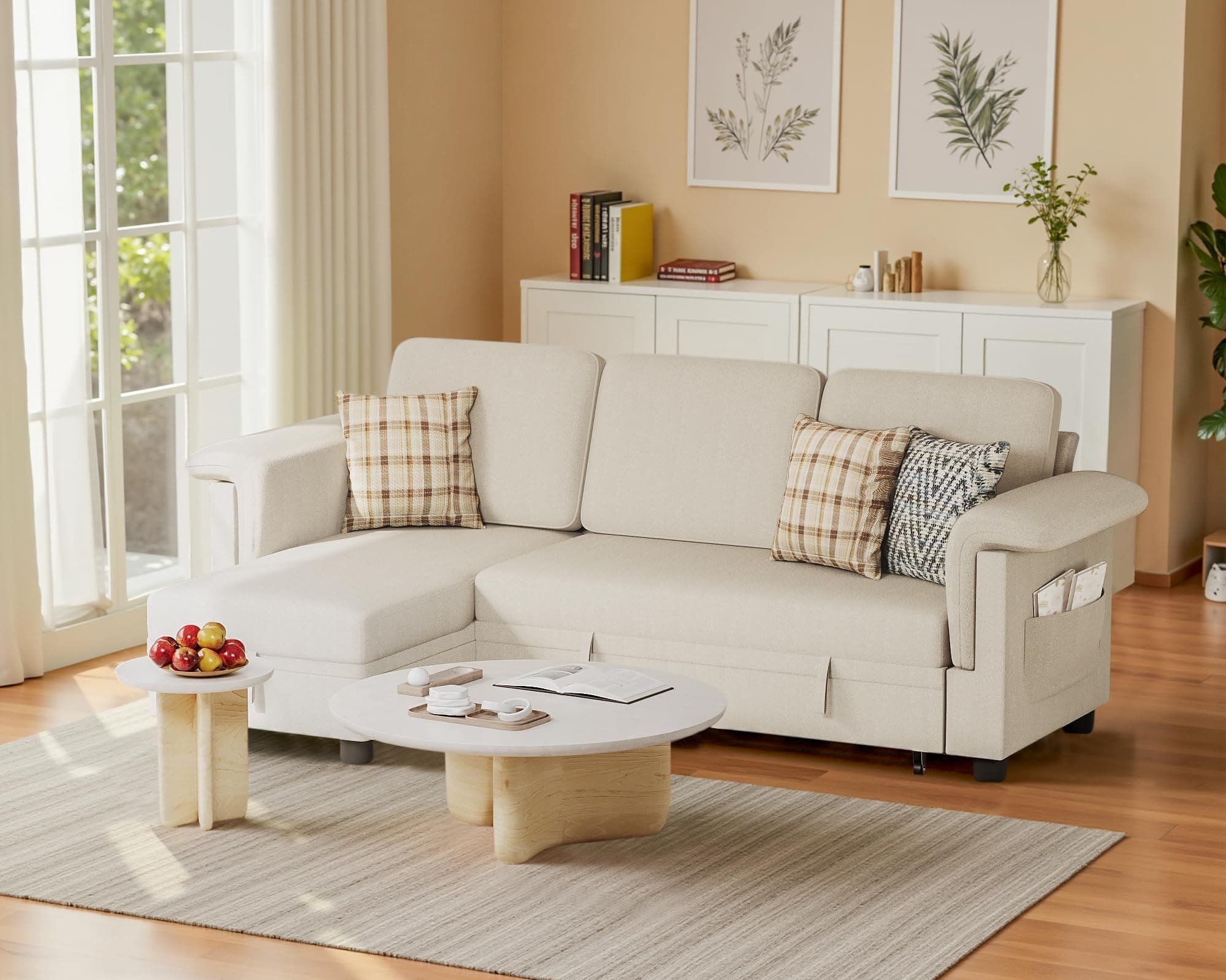 Homall Beige Linen L-Shaped Sleeper Sofa with Storage