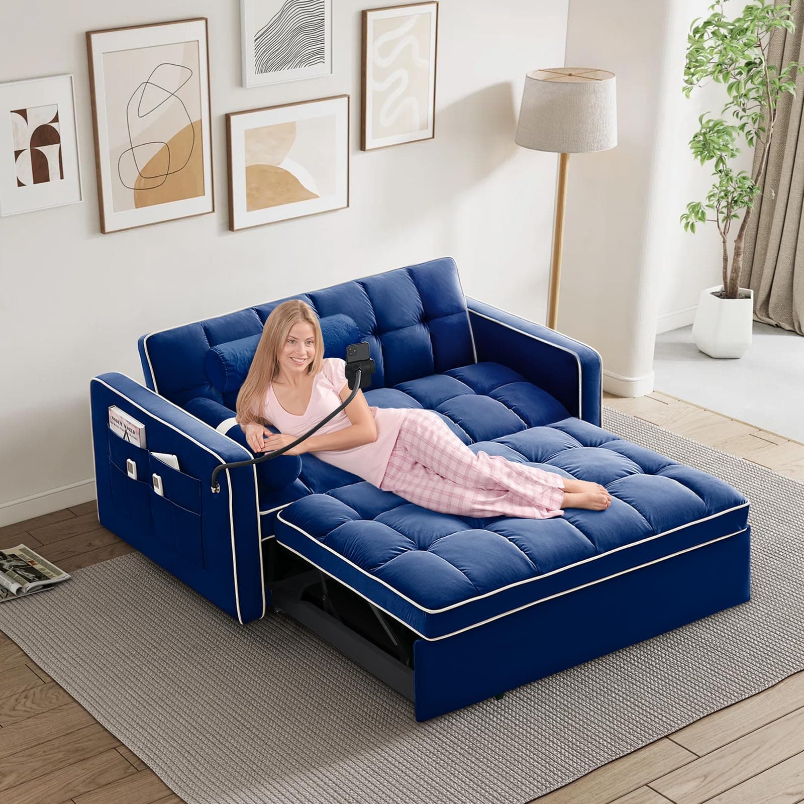 Convertible Sleeper Sofa with Adjustable Backrest & Phone Holder