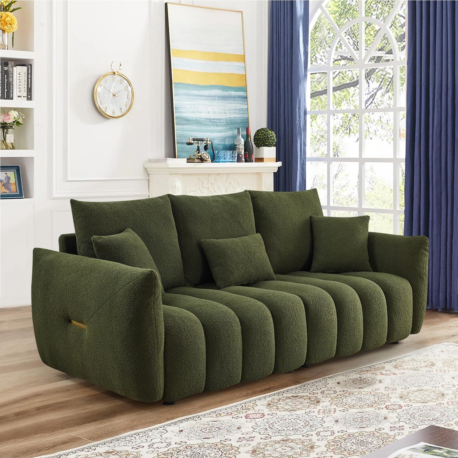 Oversized Green Sherpa Tufted 3 Seater Sofa, Teddy Bouclé Cushions