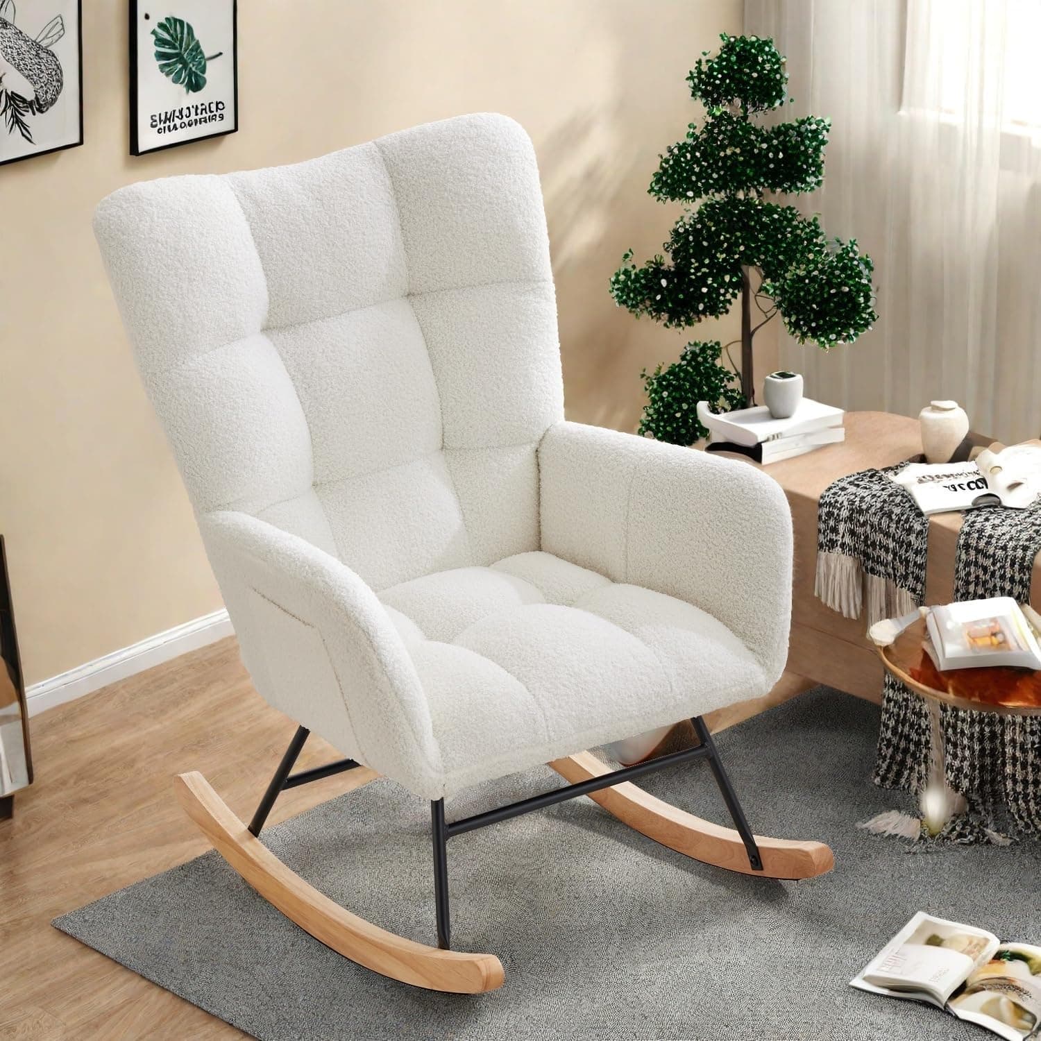 Teddy Upholstered Glider Rocking Chair with High Backrest, Armrest & Side Pockets
