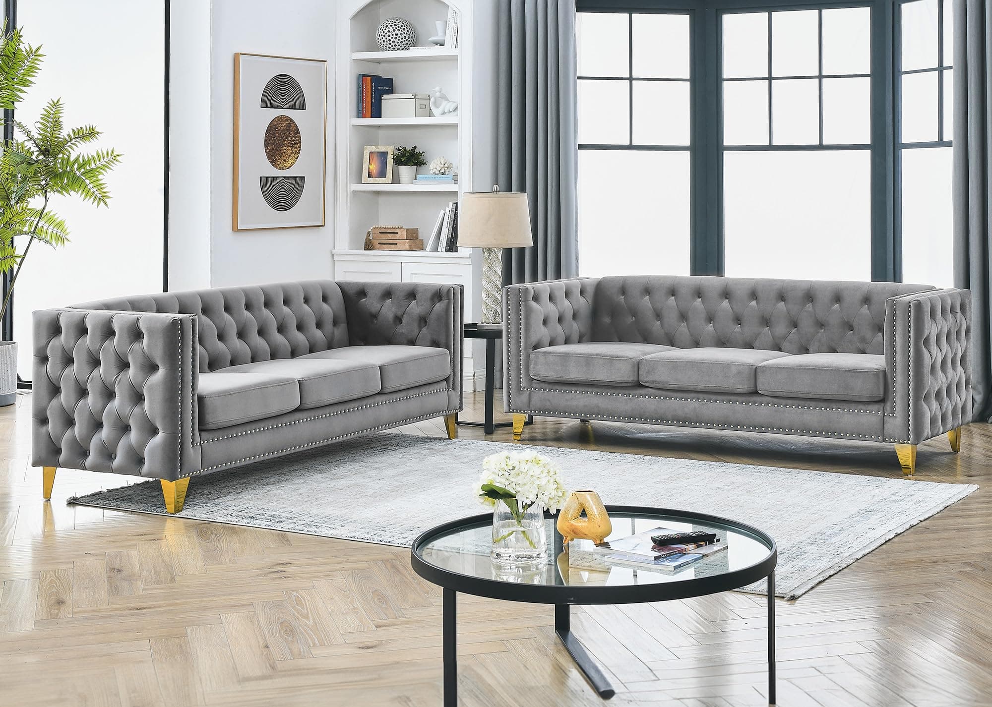 Velvet Chesterfield Sofa Set, 2-Piece Oversized Seater with Nailhead Detail (Grey)