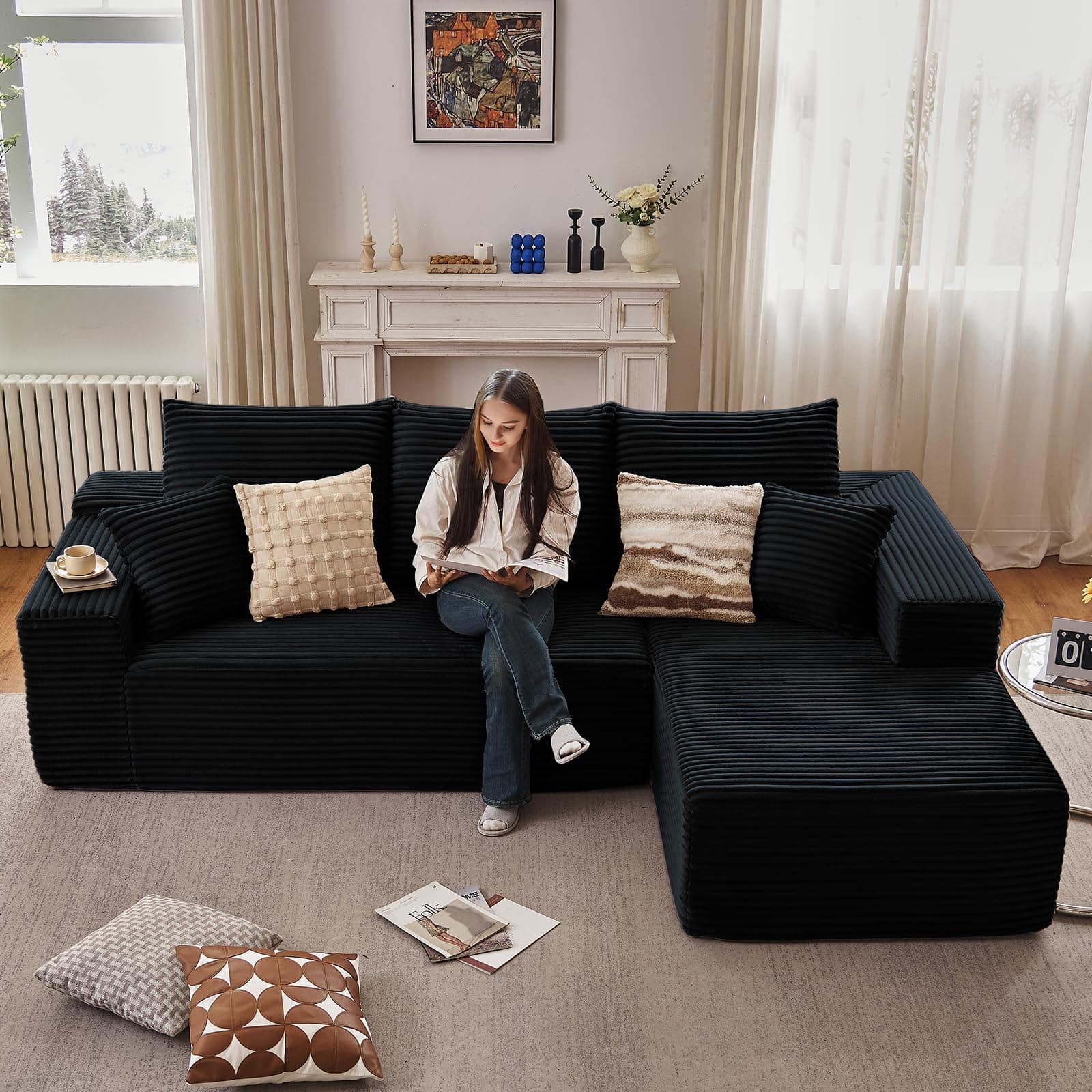 107" Modern Black Corduroy L-Shaped Sofa, Deep Seat Chaise for Living Room
